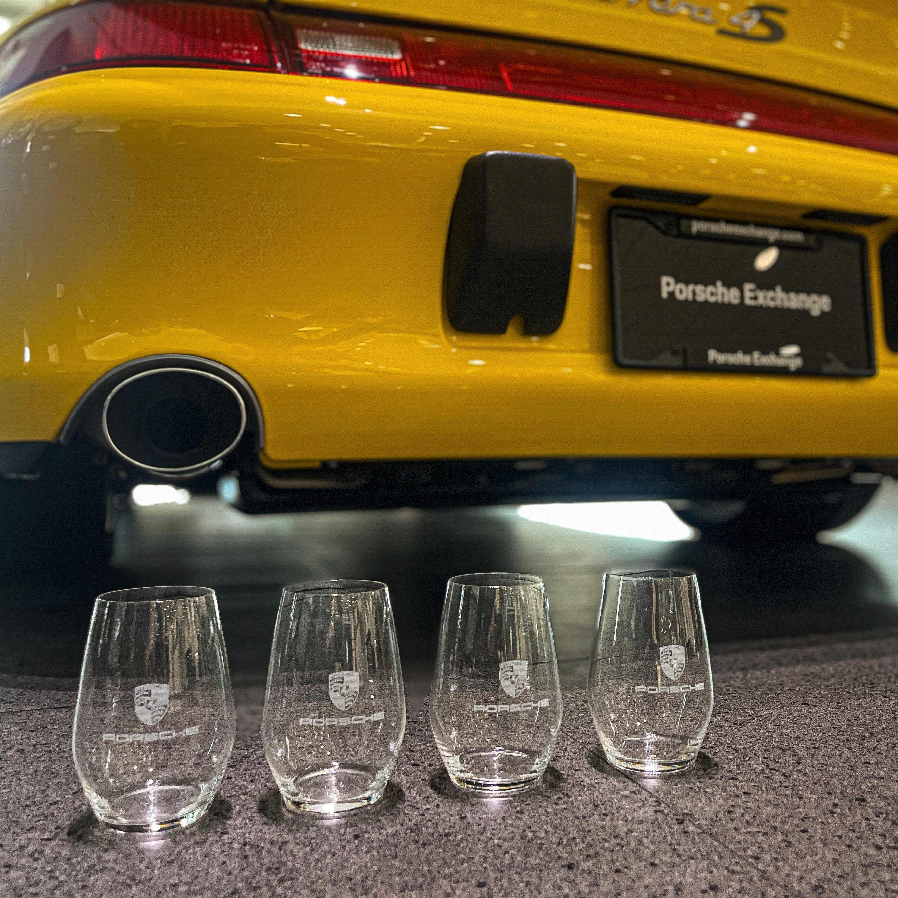 Premium Porsche Stemless Wine Glasses Set of 4 - Shatterproof Crystal Clear Tumblers for Red/White Wine, Cocktails & Beverages - Perfect for Home Bar, Dinner Parties & Luxury Gifts