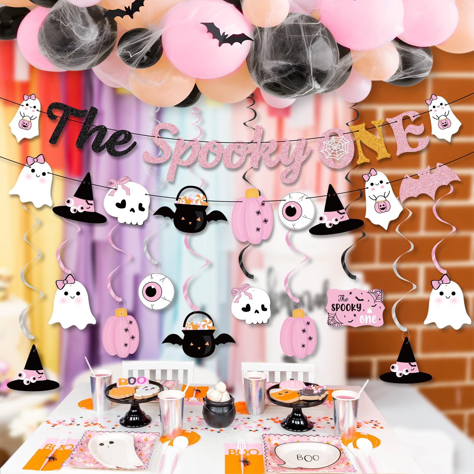 K KUMEED Pink Halloween 1st Birthday Party Banner Set - Spooky Ghost Pumpkin Bat Decorations Kit with Hanging Swirls & Streamers for Girls' First Birthday, Baby Shower & Halloween Party Decor