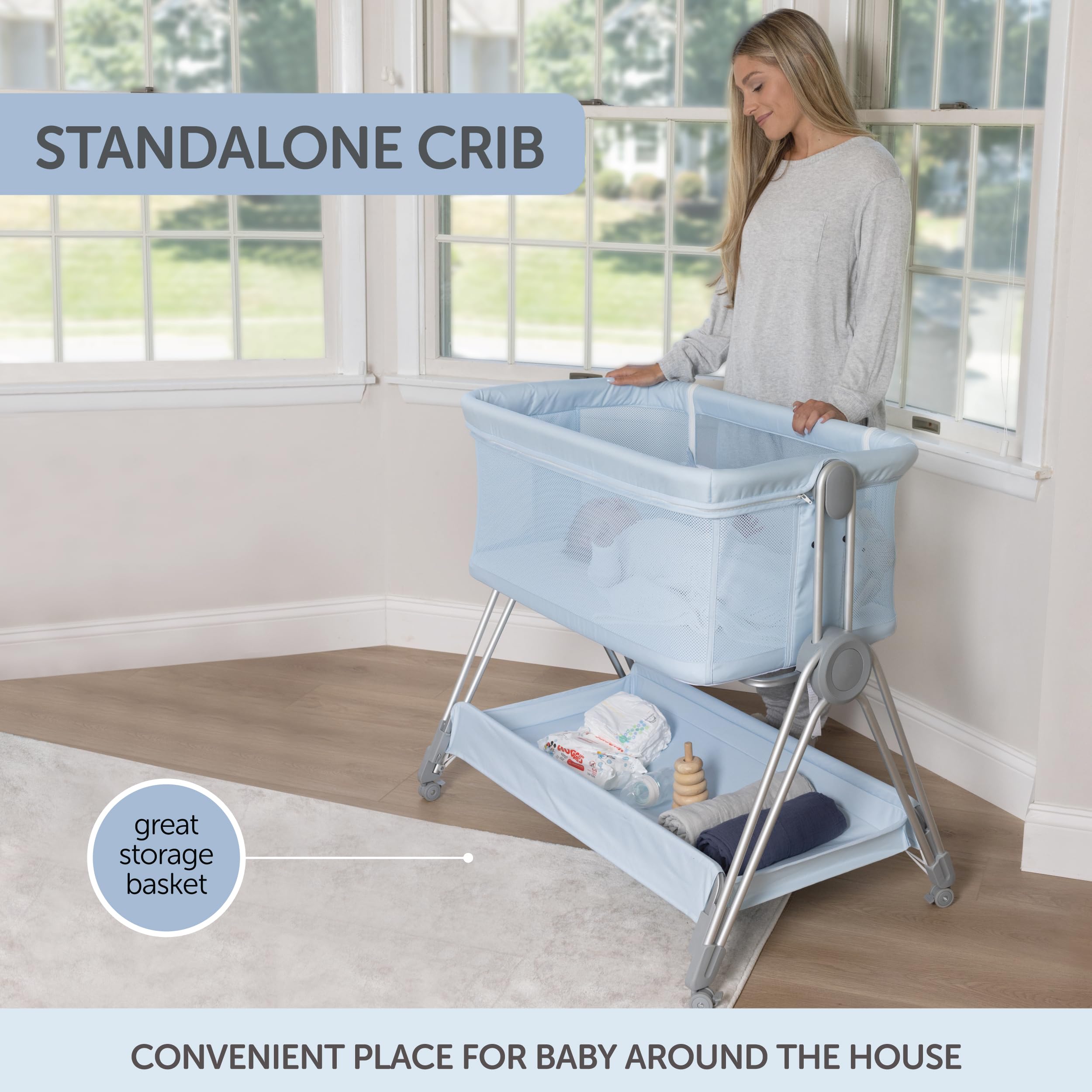 Adjustable Height Baby Bedside Sleeper & Bassinet with Wheels - Portable Foldable Crib Attaches to Parents Bed - Safe Co-Sleeping Solution for Newborns & Infants (Blue) - Perfect for Nursery, Bedroom & Travel Use