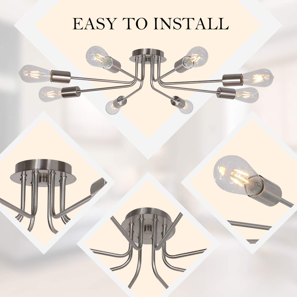Mid Century Modern 8-Light Chandelier - Brushed Nickel Semi-Flush Mount Ceiling Light Fixture for Kitchen, Dining Room & Living Room | Elegant Lighting for Home Decor
