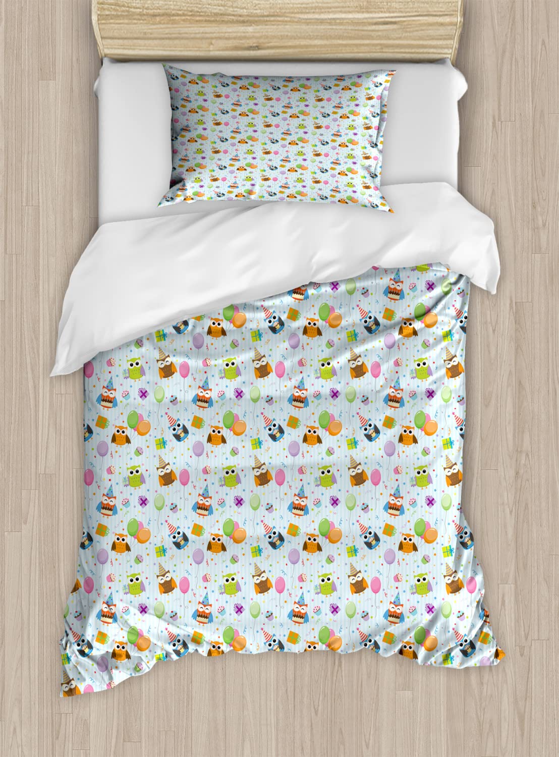 Ambesonne Birthday Duvet Cover Set - Cheery Celebration Owls in Party Hats with Presents, Balloons & Cakes - 2-Piece Twin Size Bedding Set with 2 Duvet Covers & 2 Pillowcases - Colorful Owl Theme for Kids' Rooms, Birthday Parties & Fun Bedroom Decor