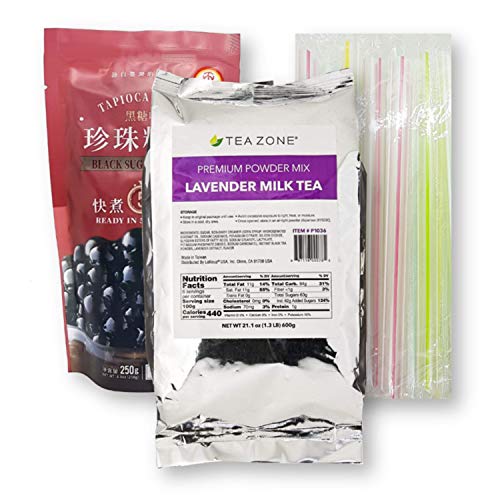 Lavender Bubble Tea Kit - Instant Milk Tea, Tapioca Pearls & 10 Wide Boba Straws (Individually Wrapped) | DIY Boba Drink at Home, Party Supplies, Gift for Tea Lovers