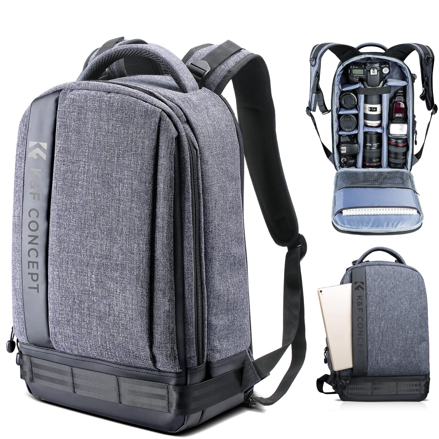 K&F Concept Professional DSLR Camera Backpack - Large Waterproof Photography Bag for Canon Nikon Sony Cameras, Holds 14.4'' Laptop & Tripod (Grey) - Perfect for Travel, Hiking & Outdoor Photography