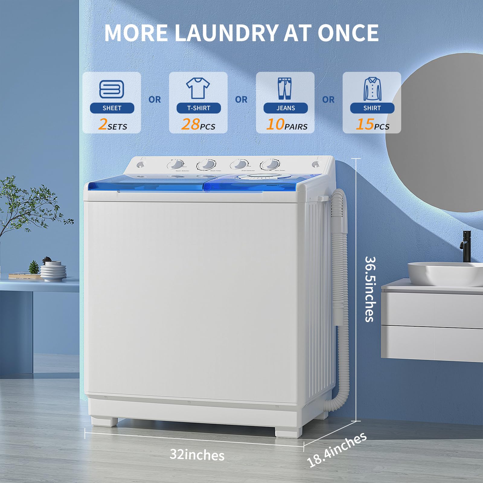 Zynkez 40Lbs Portable Twin Tub Washing Machine with Built-in Drain Pump - Semi-Automatic 24Lbs Washer & 16Lbs Spinner Combo for Small Spaces, Apartments, Dorms, RVs - Perfect for Travel, Camping & Off-Grid Living