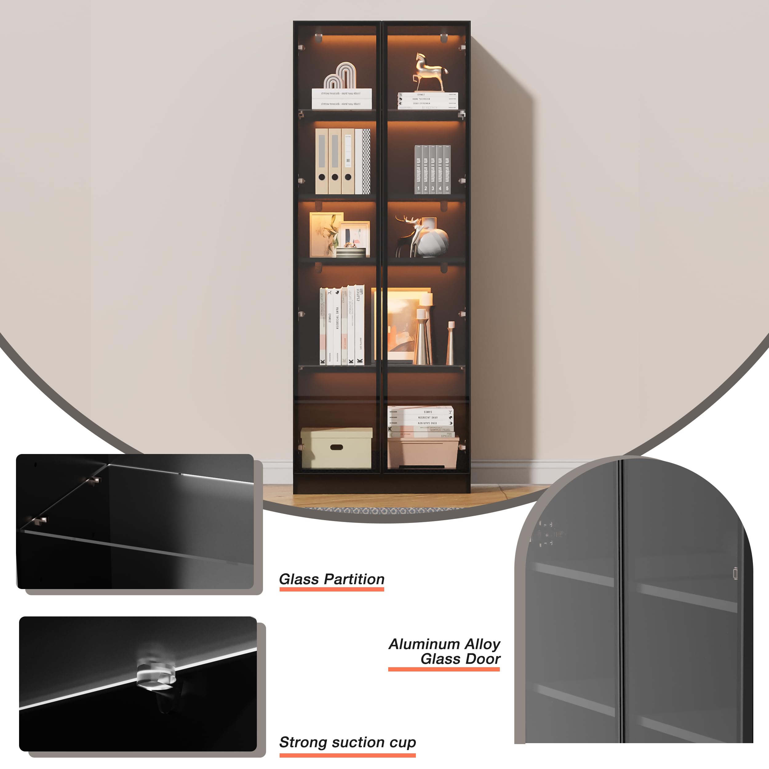 5-Tier Glass Display Cabinet with LED Lights - Aluminum Alloy Frame & 2 Glass Partitions - Black Trophy Case for Collectibles, Awards & Memorabilia - Perfect for Home, Office or Retail Store Displays
