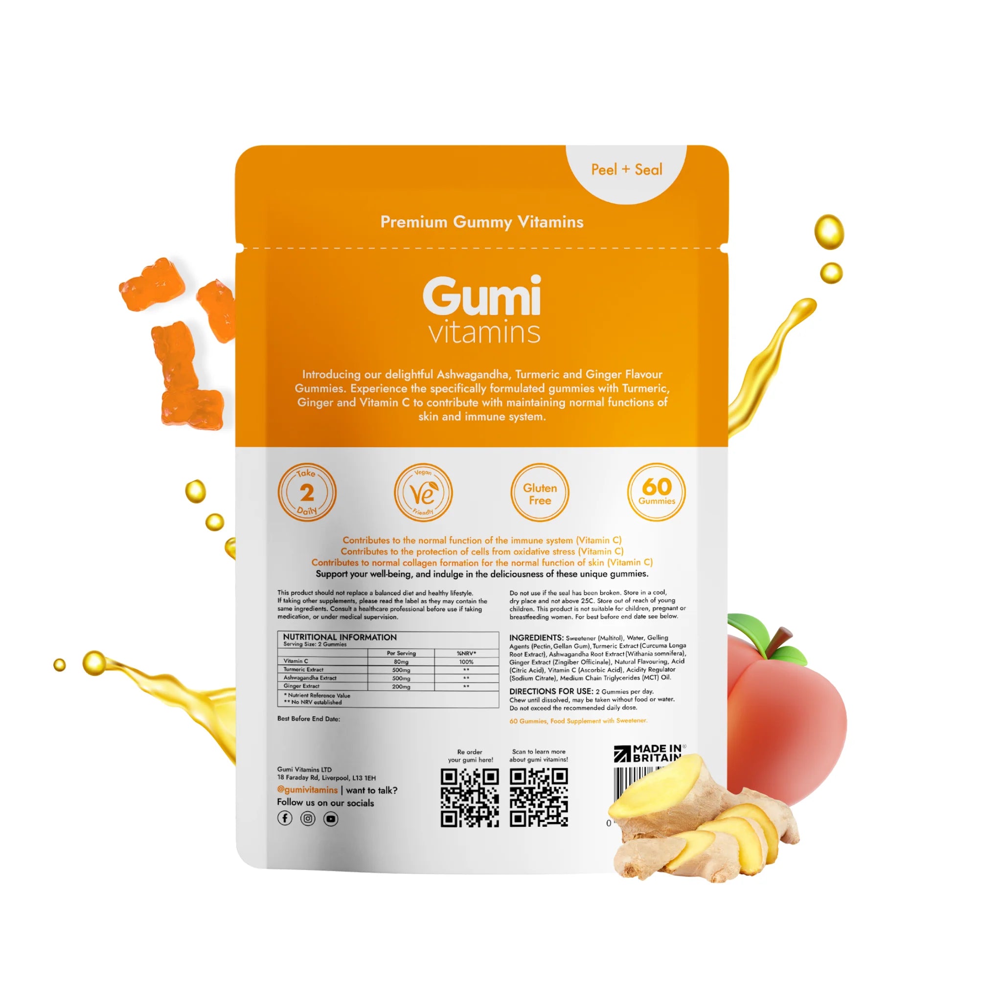 Gumi Vitamins Defence - Ashwagandha, Turmeric & Ginger Supplement for Immune Support | Boost Energy & Reduce Stress | Perfect for Daily Wellness & Active Lifestyles