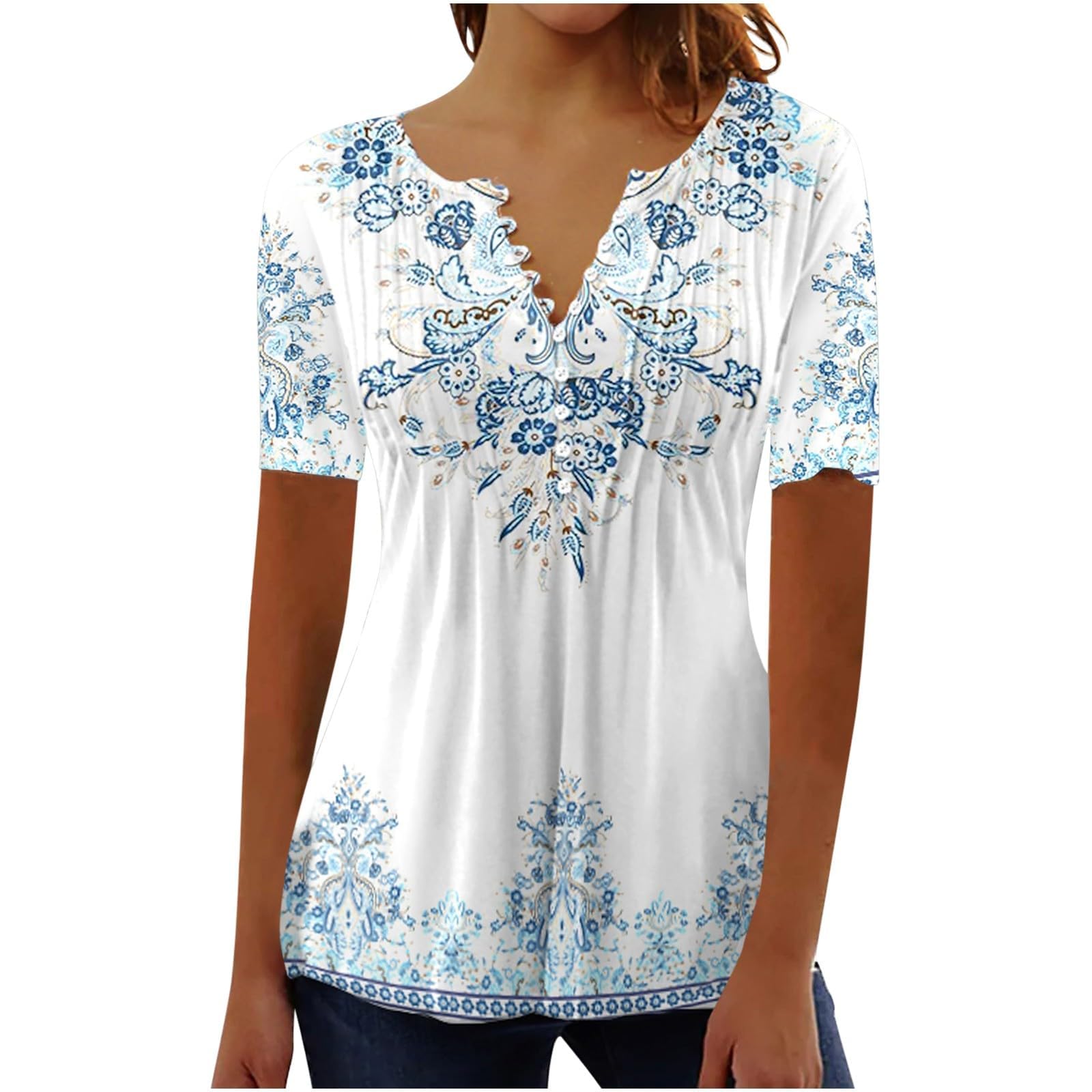 Women's Floral Boho Blouse - Elegant V-Neck Short Sleeve Button-Up Top for Summer | Casual & Dressy Going Out Tops | Perfect for Beach Vacations, Date Nights & Office Wear