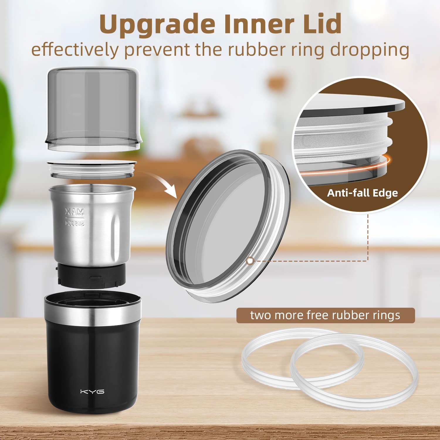 KYG 300W Electric Coffee Grinder - Stainless Steel Blades for Flax Seeds, Peppercorns, Spices & Coffee Beans, 2 Removable Bowls (Wet/Dry Grinding) - Perfect for Kitchen, Camping & Home Brewing