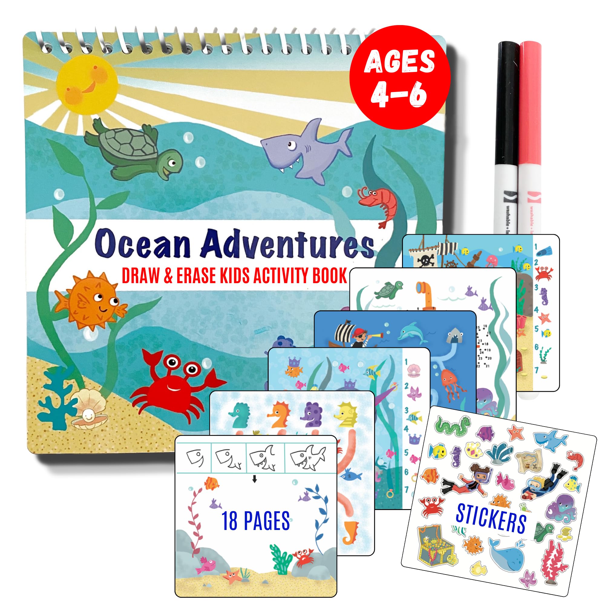 Washable Travel Activity Book for Kids Ages 4-6 | 7x7 Inch Educational Toy with Reusable Stickers & Markers | Car & Airplane Games, Search & Find Ocean Theme | Perfect for Road Trips, Flights & Homeschool Learning