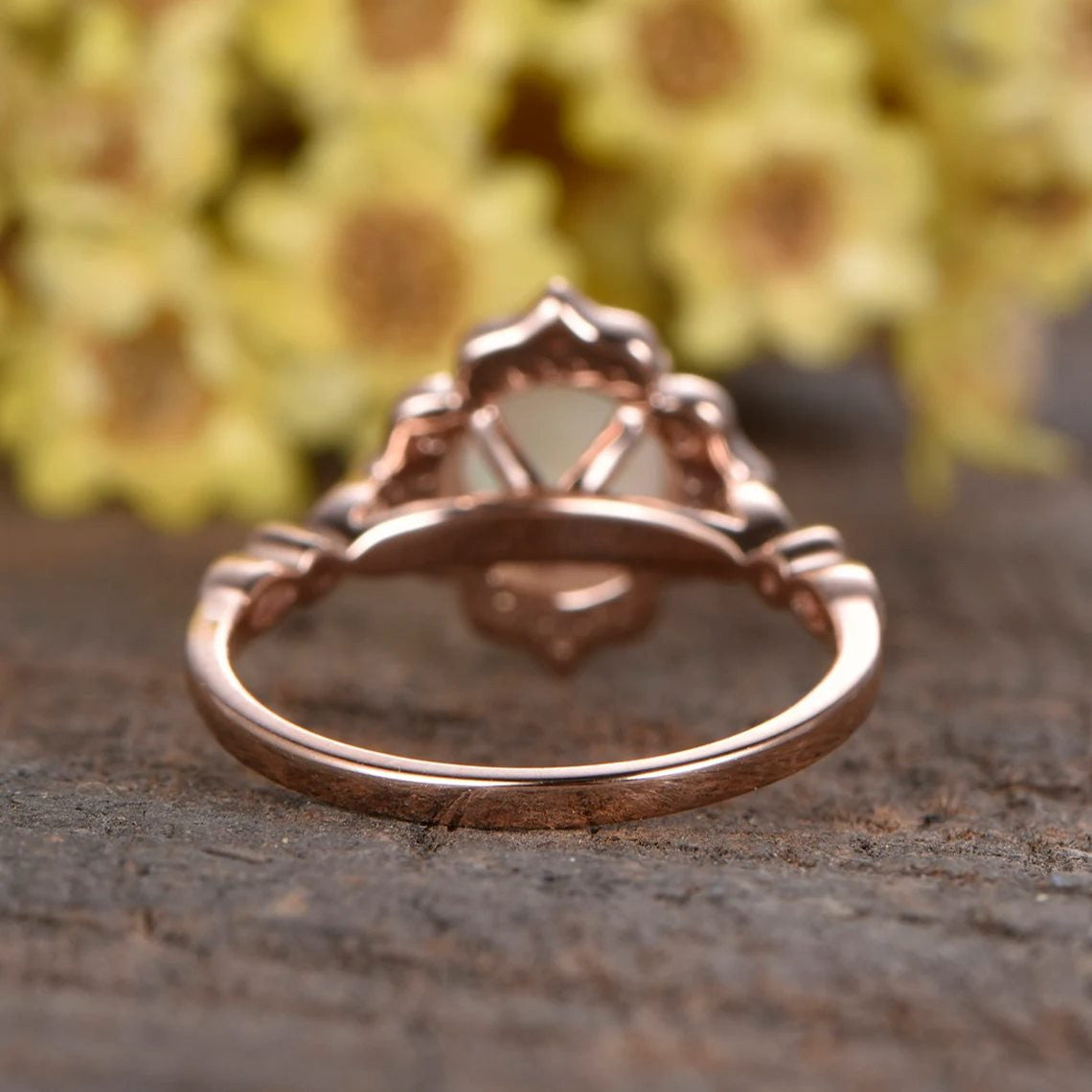 Vintage 1.2CT White Fire Opal Engagement Ring with Diamond Halo in Rose Gold - Perfect for Proposals, Anniversaries & Special Occasions