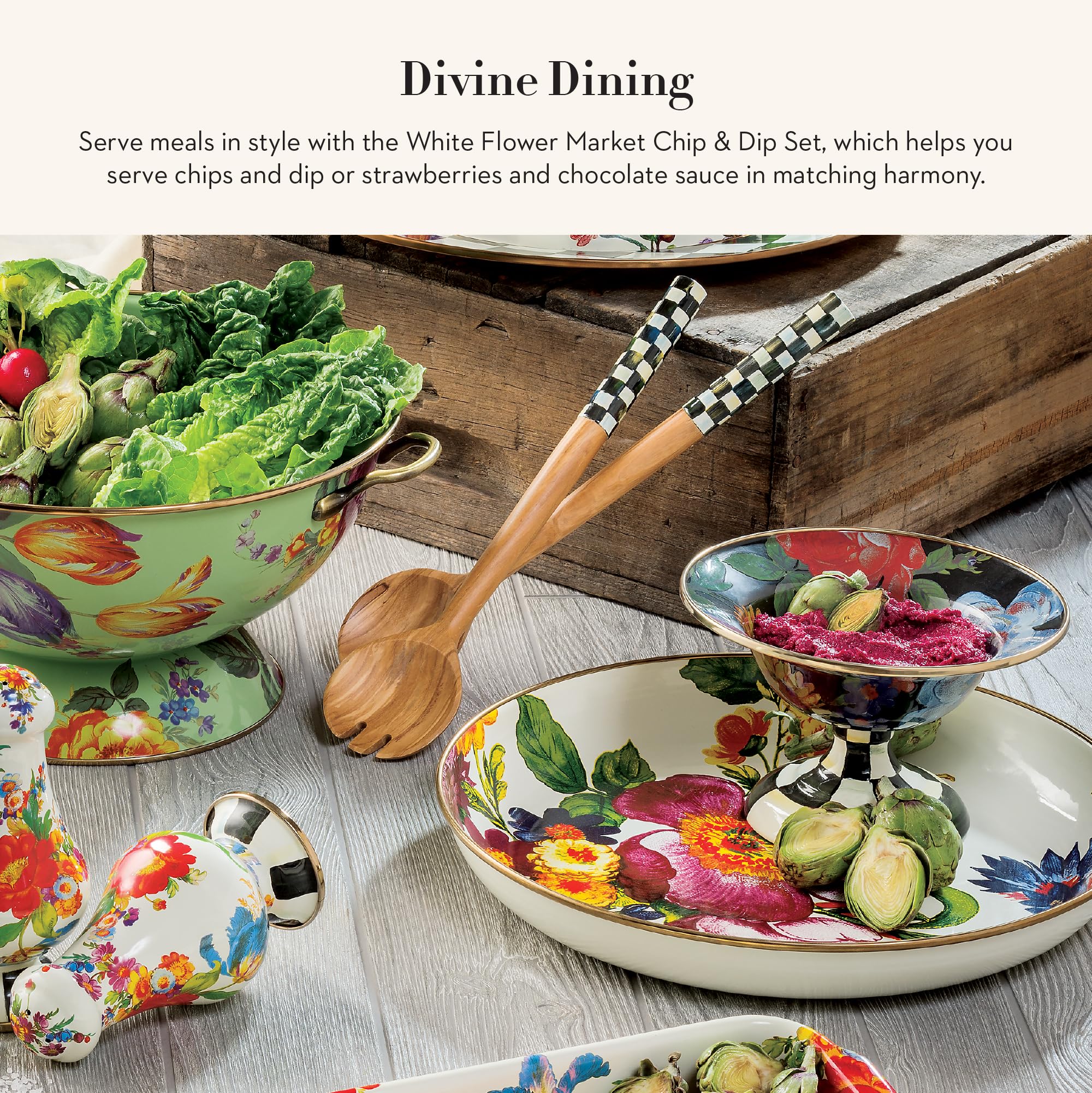 MACKENZIE-CHILDS White Flower Market Chip and Dip Serving Set - Abundant Bowl & Pinch Bowl Set for Parties, Entertaining & Home Decor | Elegant Serving Dish for Chips, Salsa, Dips & Appetizers