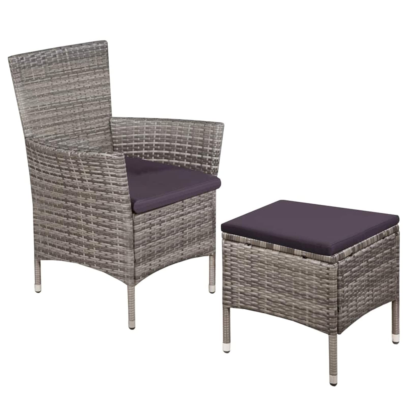 Tidyard Gray Poly Rattan Garden Chair Set with Stool & Cushions - Outdoor Patio Armchair with Footrest for Backyard, Balcony, Poolside Relaxation | Perfect for Lounging, Sunbathing & Entertaining Guests