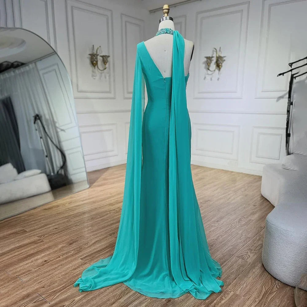 Elegant Turquoise Green Chiffon Evening Dress with Cape Sleeves - Dubai Style LA72101 for Women's Party & Formal Events