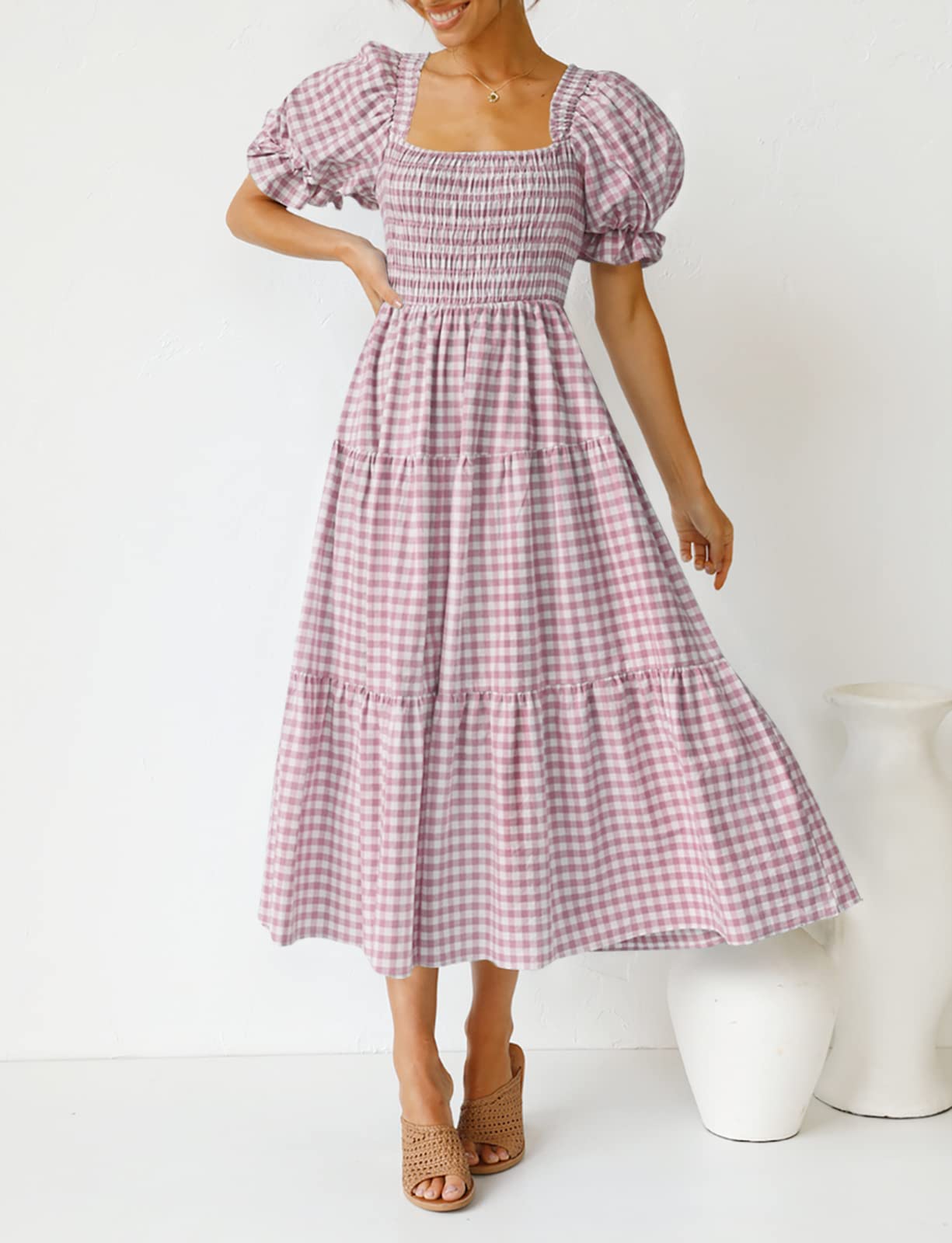 ZESICA Women's 2025 Bohemian Summer Dress - Plaid Square Neck, Puff Sleeve & Ruffle Flowy Midi Dress for Beach, Vacation & Casual Wear