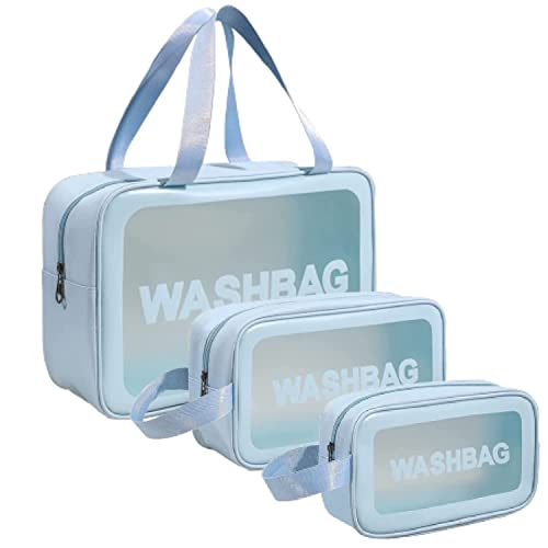HEYMAZA Makeup Pouch Travel Toiletries Organizer - Waterproof Cosmetic Bag for Women, Portable Travel Case with 3 Compartments (Blue) - Perfect for Bathroom Storage, Gym Essentials & Airplane Carry-On