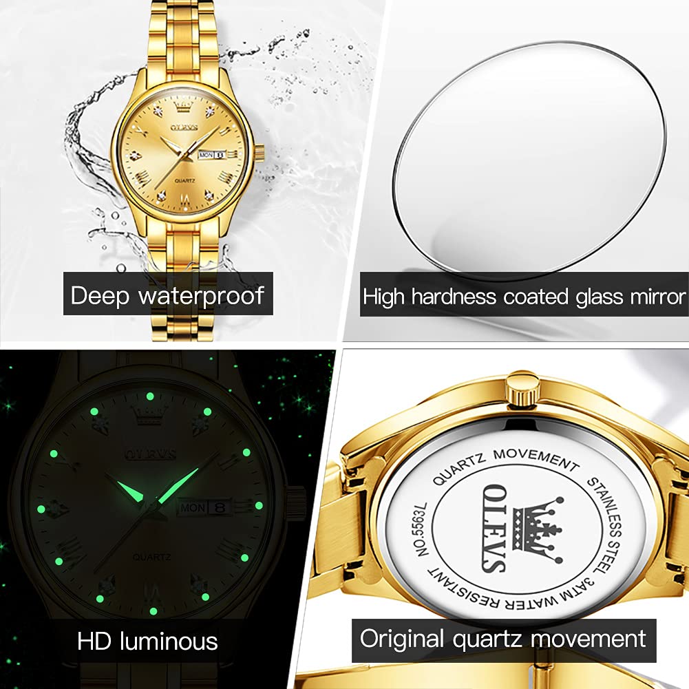 OLEVS Women's Gold Stainless Steel Waterproof Analog Watch with Date & Day - Small Face Quartz Movement, Fashion Gold/Black/White Dial Ladies Wristwatch - Perfect for Office, Party & Everyday Wear