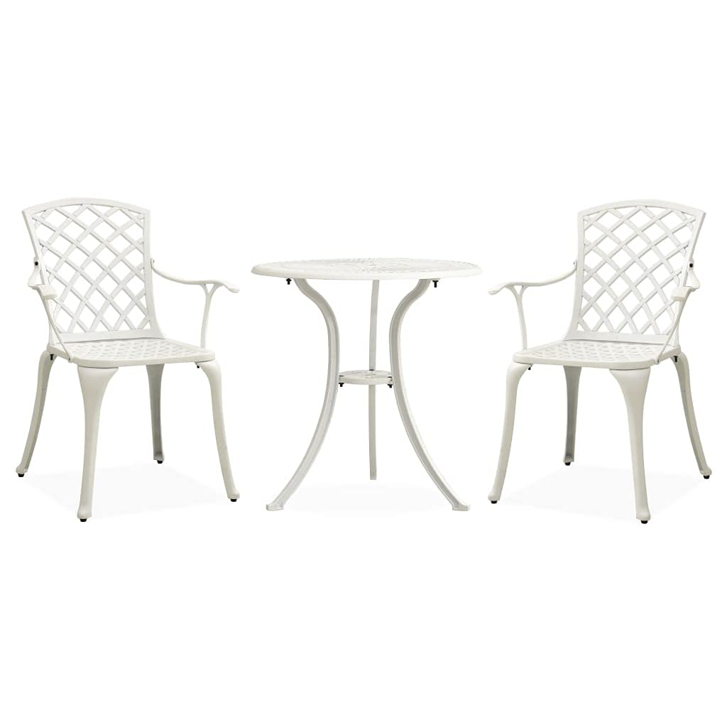 Queen.Y 3-Piece Cast Aluminum Patio Bistro Set - Rustproof Weather-Resistant Outdoor Dining Set with Round Table & 2 Armchairs, Hollow Design in White - Perfect for Garden, Balcony, Poolside & Backyard Relaxation