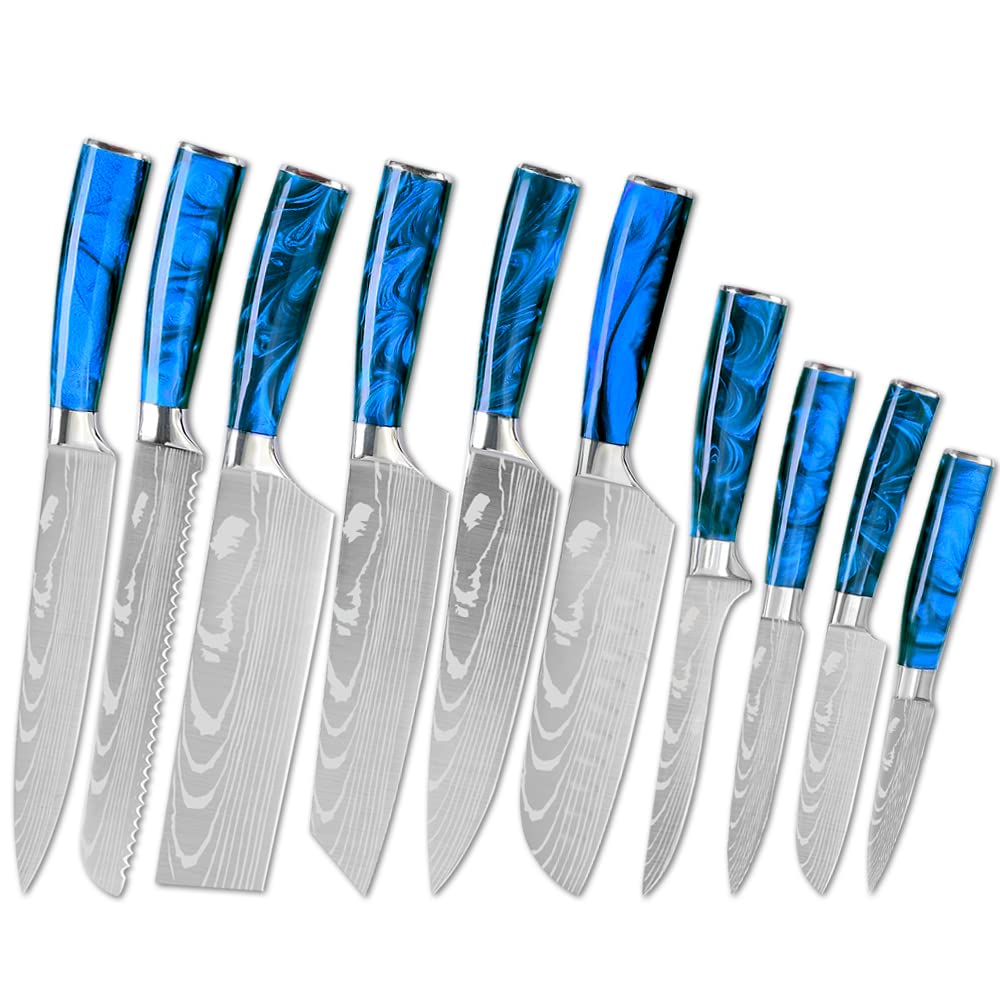 10PCS Professional Kitchen Knife Set - Stainless Steel Damascus Japanese Chef Knives with Laser Pattern (Santoku, Slicing, Boning) - Perfect for Home Cooking, BBQ & Food Prep - Style B