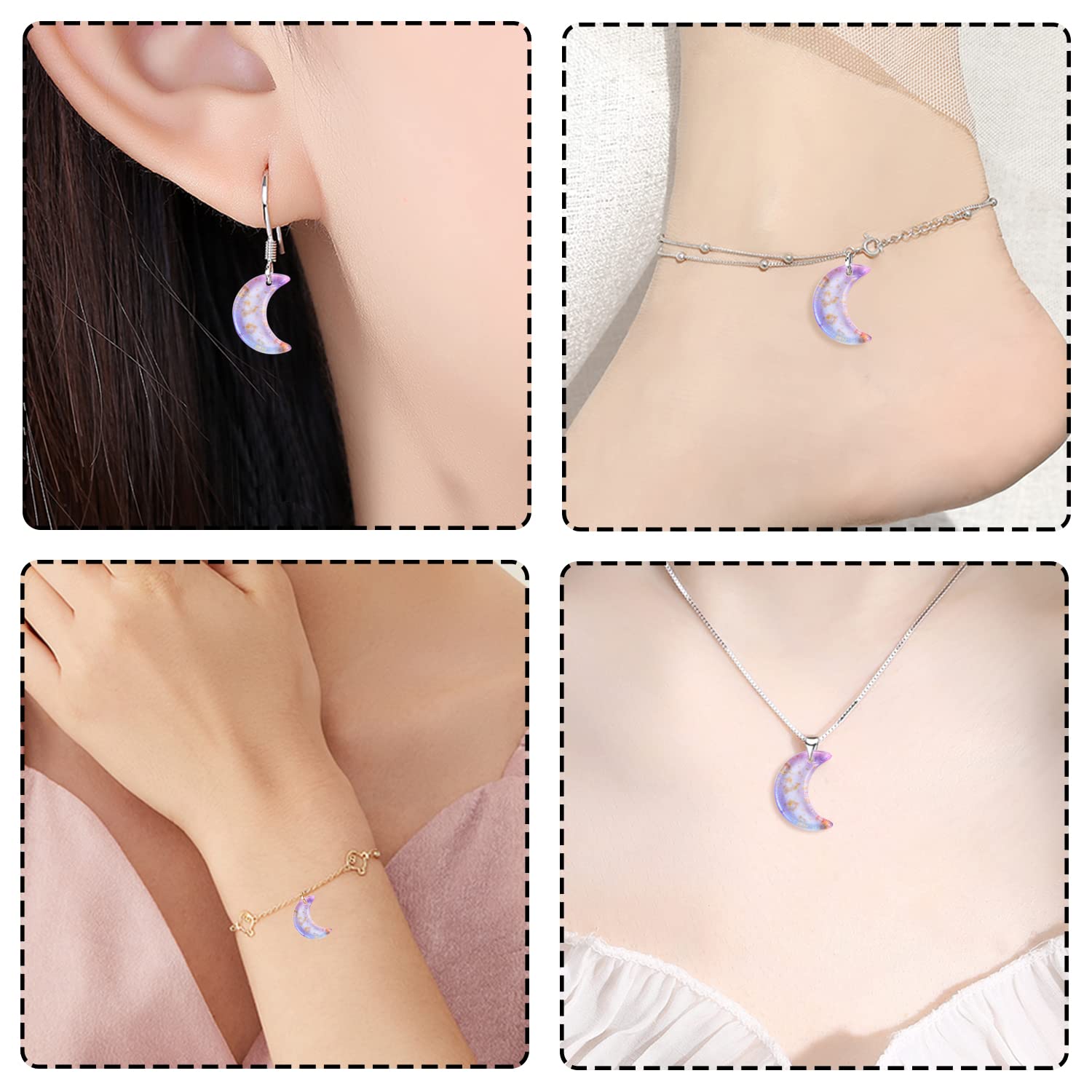 DREMISI 100Pcs Crystal Moon Charms with Gold Foil - Crescent Moon Glass Pendants in Blue & Purple for DIY Jewelry Making - Perfect for Necklaces, Earrings, Bracelets & Anklets - Great for Boho, Witchy & Celestial Themed Crafts