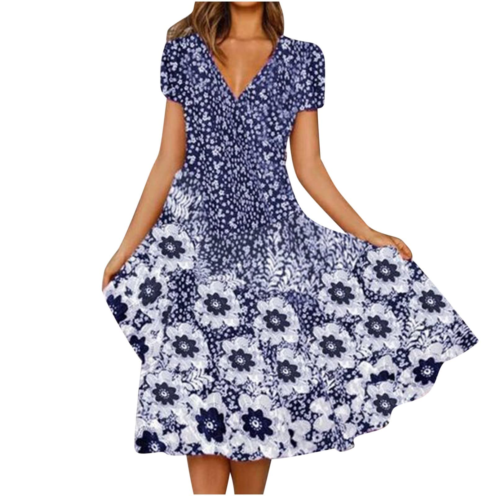 2024 Women's Floral Boho Midi Dress - Casual Short Sleeve Smocked V-Neck Summer Beach Dress | Perfect for Vacations, Date Nights & Outdoor Events