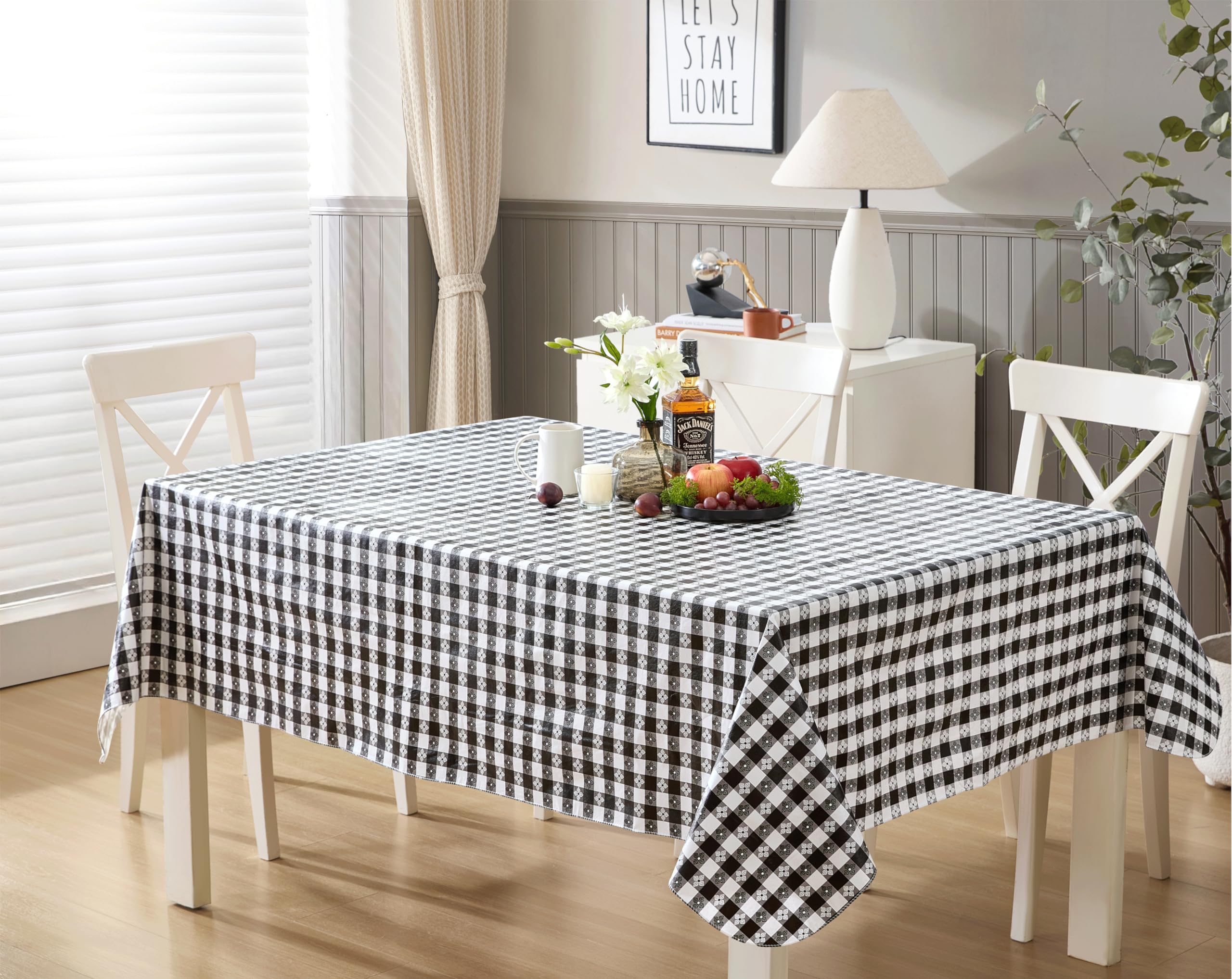 Newbridge 60 x 84 Inch Waterproof Rectangle Vinyl Tablecloth with Flannel Backing - Black & White Checkered Bistro Pattern - Durable Indoor/Outdoor Table Cover for Picnics, BBQs, Patio Dining, Restaurants & Cafe Decor