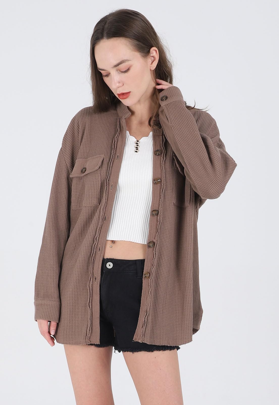 Loveimgs Oversized Waffle Knit Shirt for Women - Fall Corduroy Long Sleeve Button Down Shacket Jacket | Casual Layering, Autumn Outfits, Workwear & Weekend Style