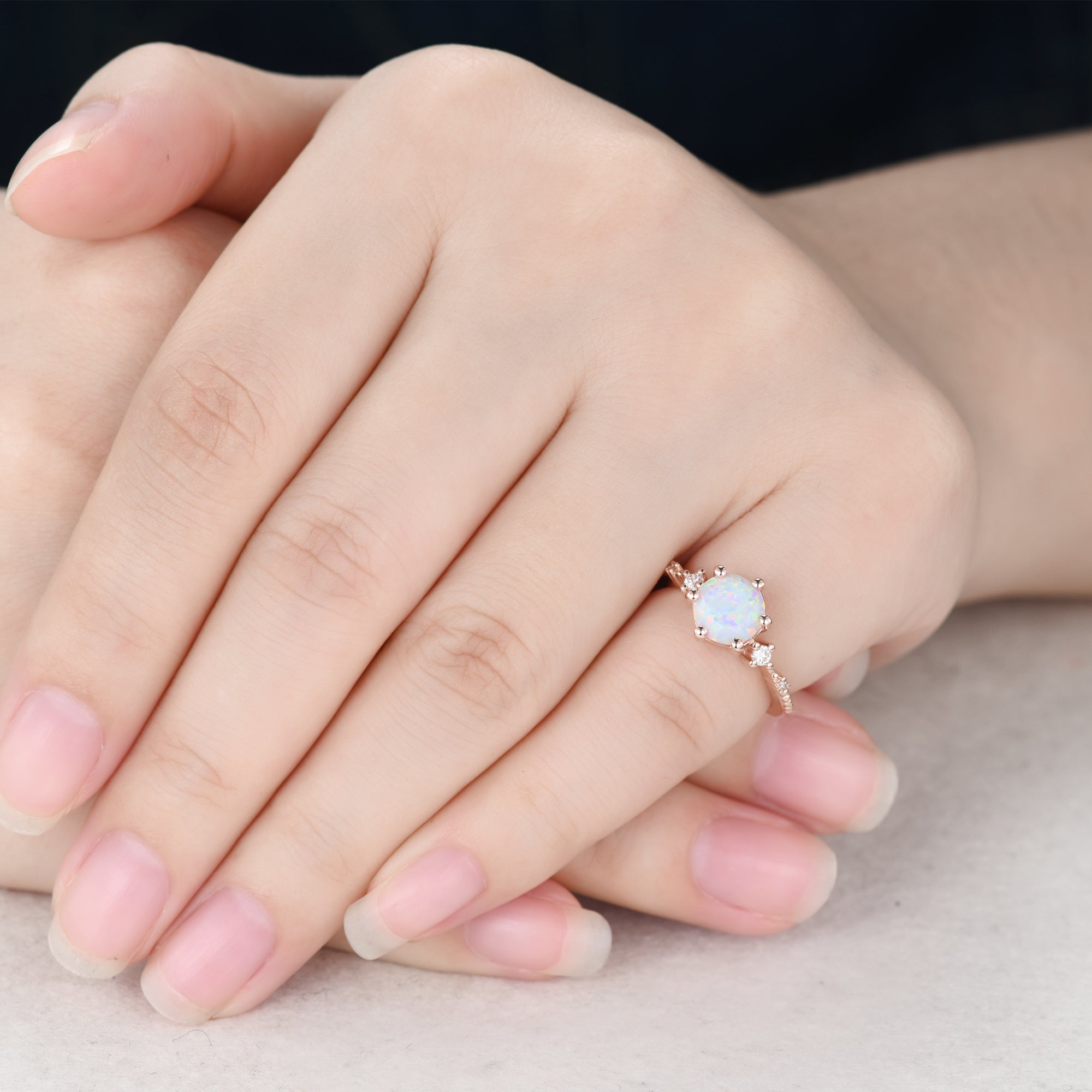 Exquisite Round Opal & Diamond Engagement Ring - 6 Prong 5 Stone Vintage Style Wedding Band for Women | Perfect for Proposals, Anniversaries & Special Occasions