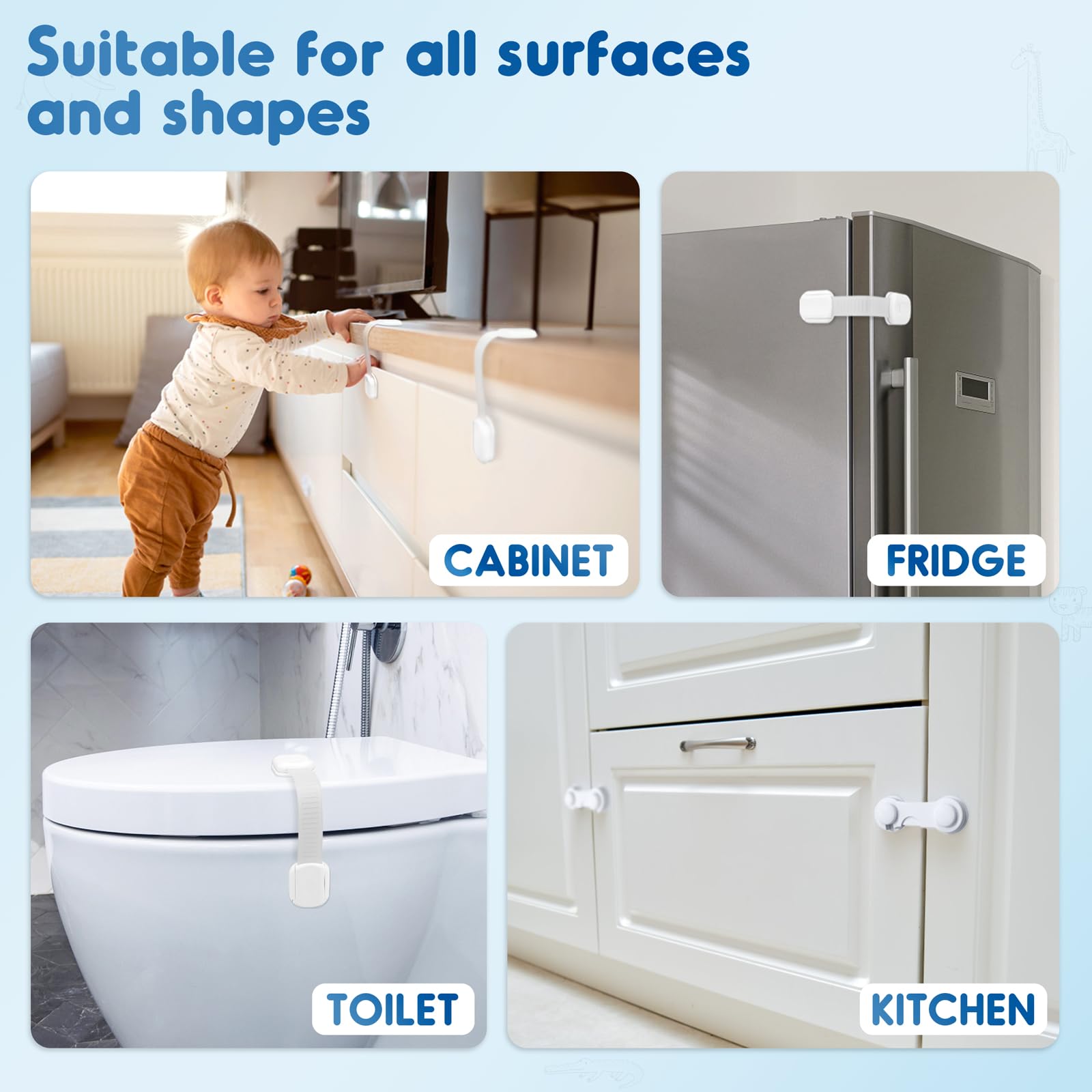 SOGUDE 10 Pack No Drill Baby Proof Cabinet Locks - Child Safety Locks with 3M Adhesive for Kitchen Cabinets, Drawers & Doors (White) | Perfect for Baby Proofing Homes & Childcare Centers