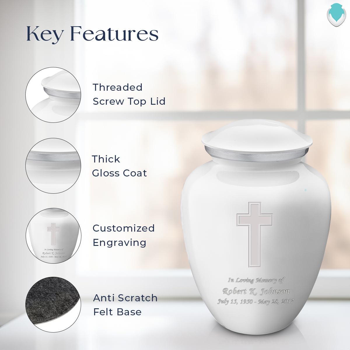Elegant White Cremation Urn for Ashes - Personalized Double Side Engraved Funeral Urn for Adults, Men & Women - Holds 200 lbs - Perfect for Memorial Services & Home Display