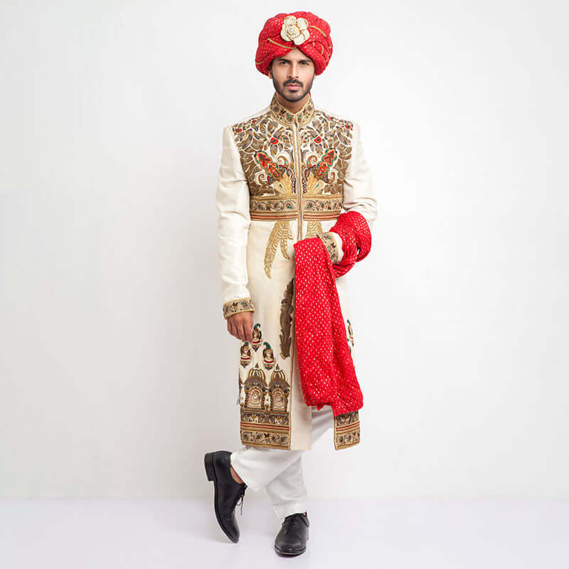 Elegant Ivory Raw Silk Sherwani for Men - Traditional Indian Wedding Attire & Formal Occasions
