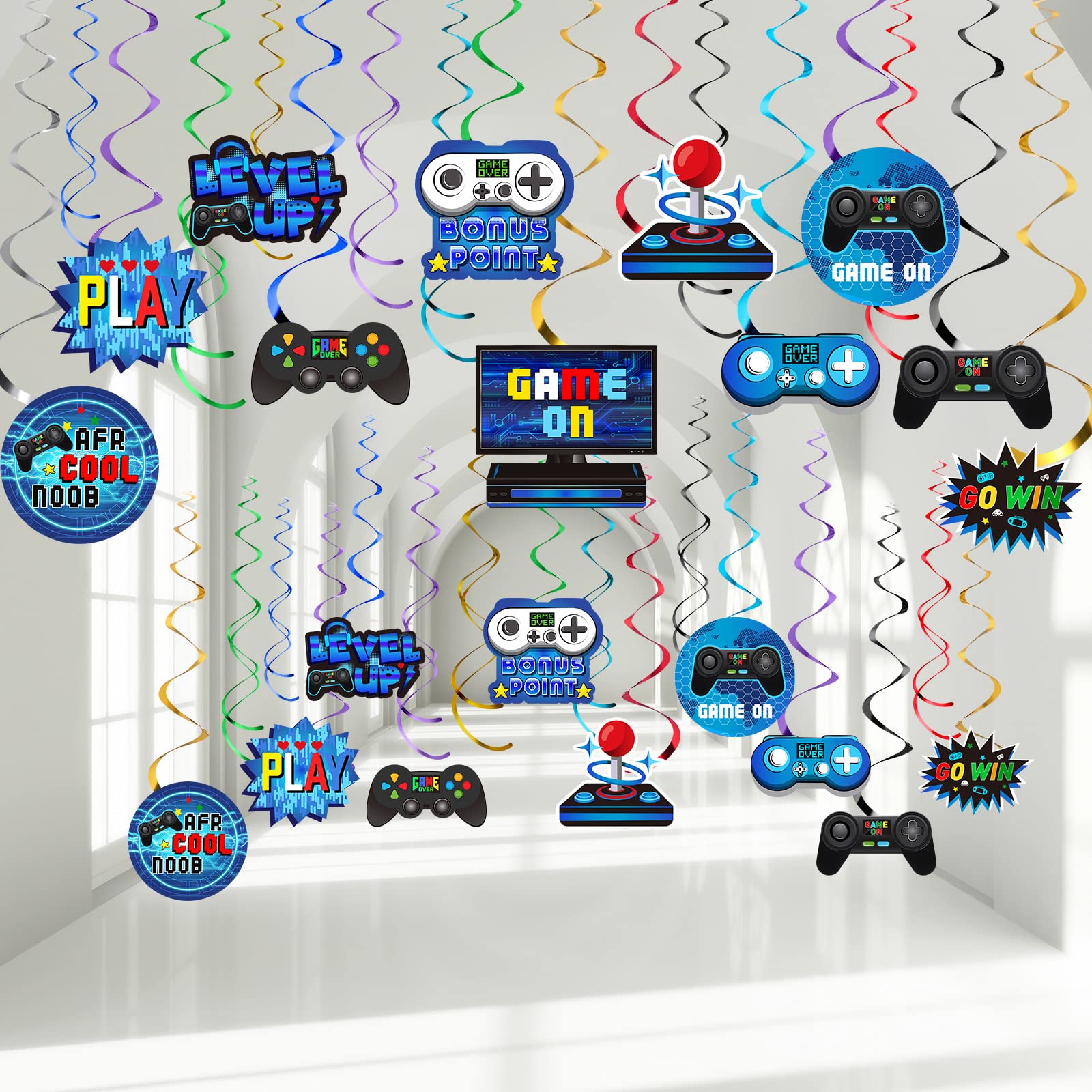 30 Pieces Video Game Hanging Swirl Decorations - Game Controller Themed Foil Ceiling Streamers for Boys Gamer Birthday Party Supplies (Blue) - Perfect for Video Game Themed Parties, Gaming Room Decor, and Streamer Backgrounds