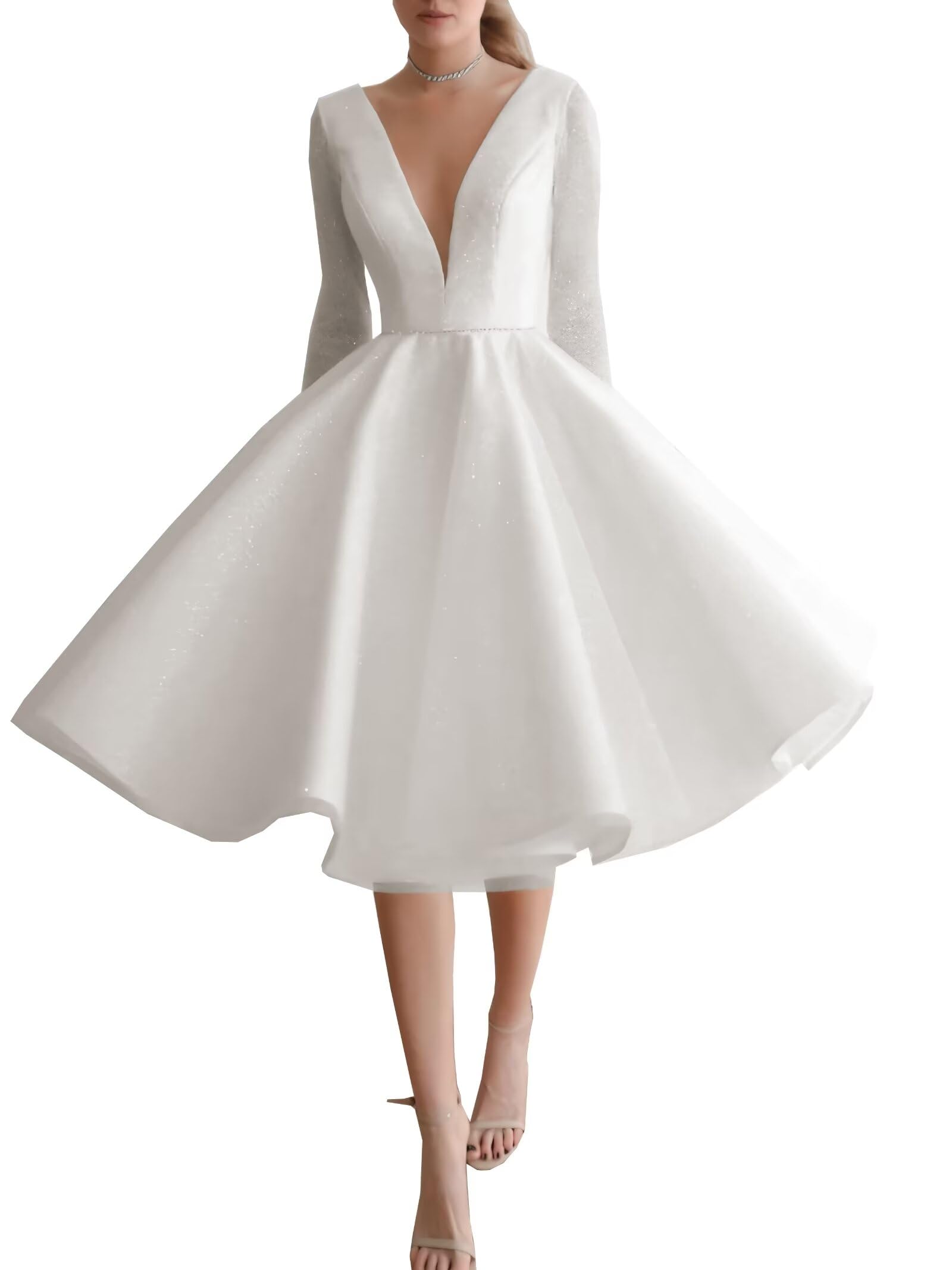 Elegant A-Line Satin Wedding Dress with Sparkly Tulle Long Sleeves | Knee-Length Beach Wedding Gown for Bride | Perfect for Beach, Garden & Destination Weddings