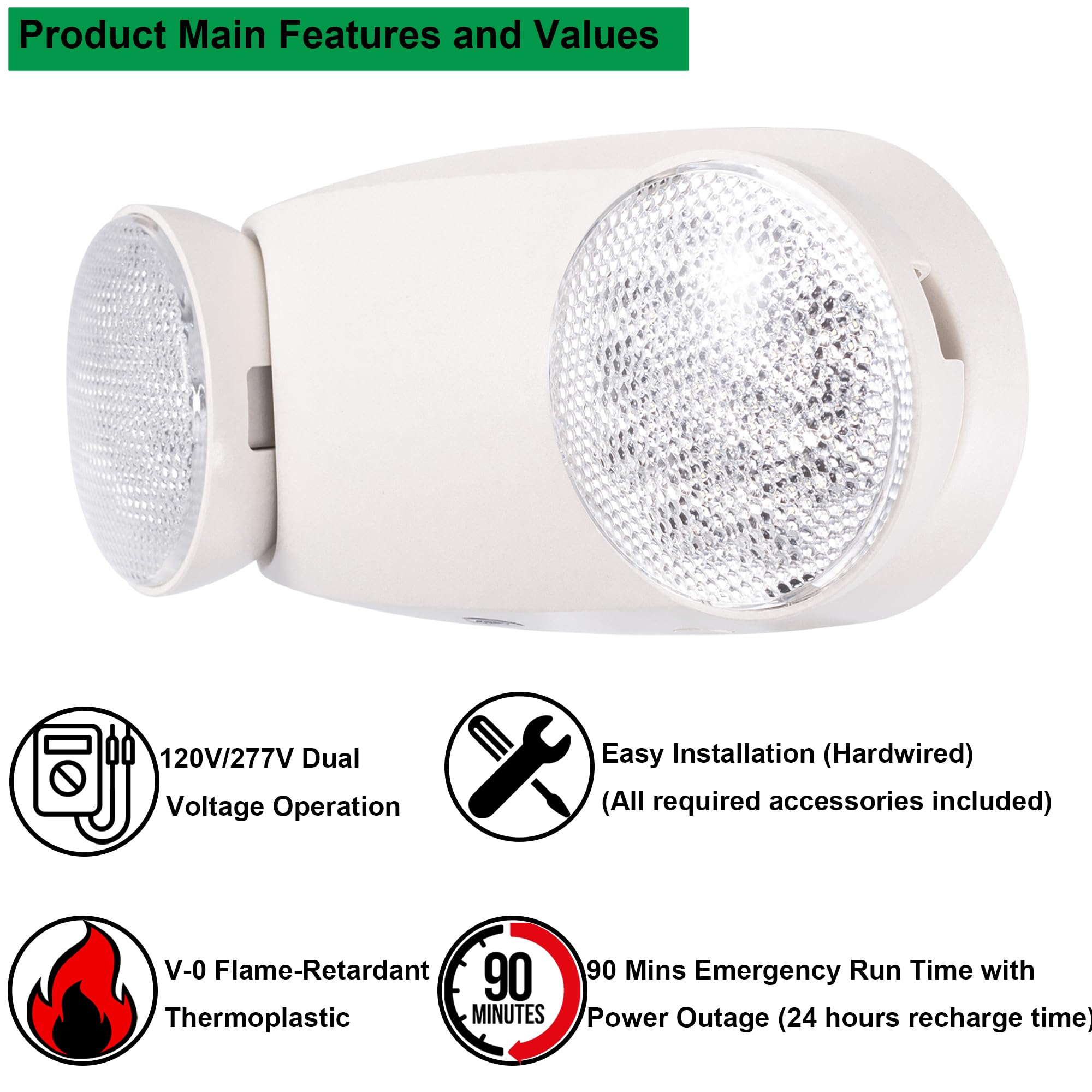 GRUENLICH LED Emergency Exit Light with 2 LED Bug Eye Heads & Backup Battery - UL 924 Certified, 120V/277V Dual Voltage - Ideal for Commercial Buildings, Warehouses & Emergency Exits (1-Pack)