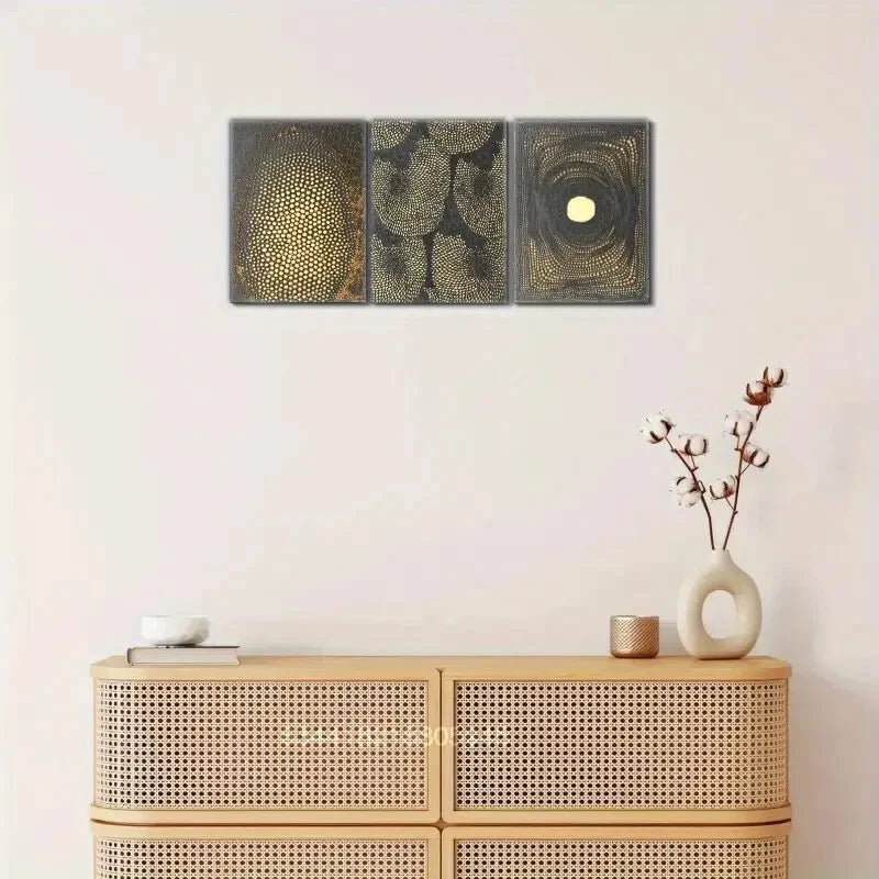 3-Piece Golden Dots Abstract Art Metal Print - Modern Wall Decor for Living Room, Bedroom & Office - Ready to Hang Framed Poster Set for Home & Office Decor