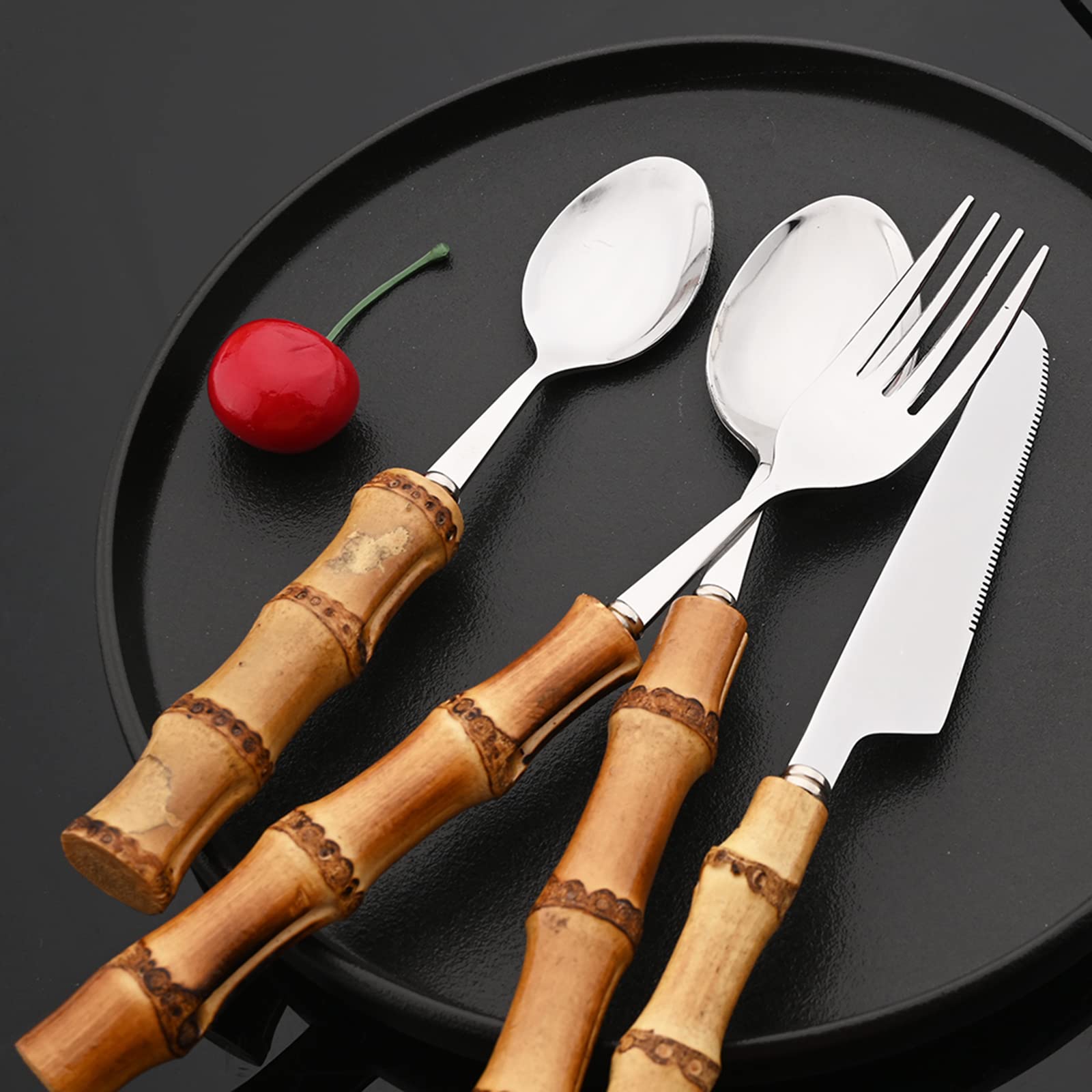 JASHII 16-Piece Natural Bamboo Flatware Set - Stainless Steel Silverware Cutlery with Bamboo Handle for 4 People, Mirror Polished Kitchen Utensils (Shiny Silver) - Perfect for Dinner Parties, Restaurants & Eco-Friendly Home Dining