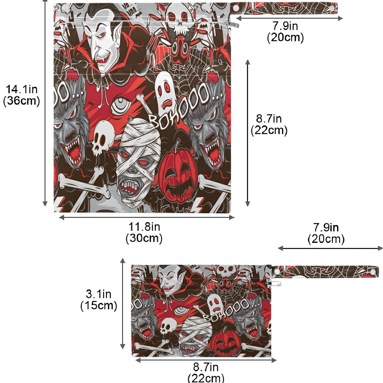 Visesunny Halloween Horror Monster 2-Piece Wet Bag Set with Zippered Pockets - Washable & Reusable Large Diaper Bag for Travel, Beach, Daycare, Stroller - Perfect for Diapers, Gym Clothes, Swimsuits & Toiletries - Great for Halloween Parties, Camping & Sports Activities