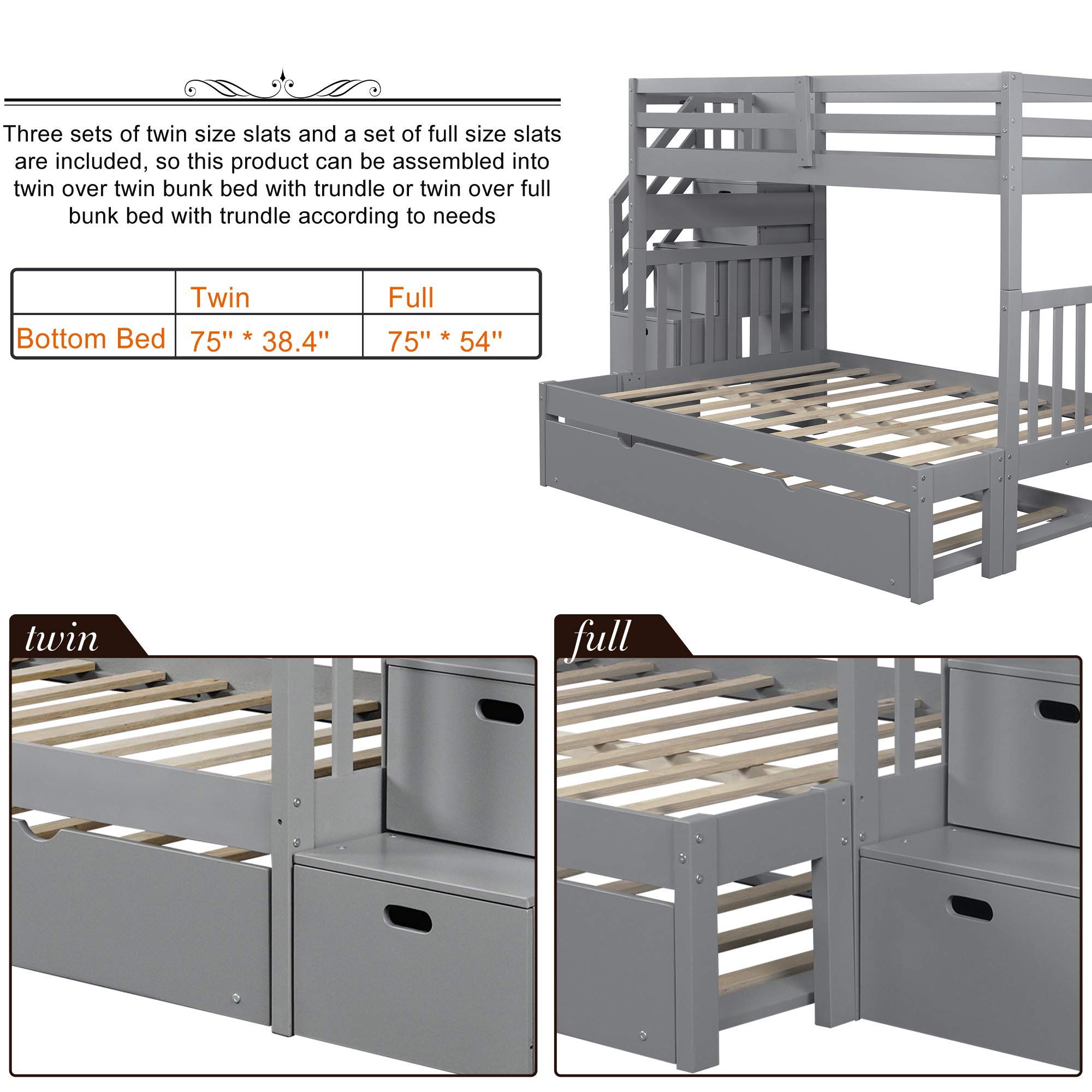 SOFTSEA Twin Over Twin Bunk Beds with Trundle - Wooden Kids Bunk Bed with Stairs, Convertible Bottom Bed, No Box Spring Needed - Space-Saving Solution for Kids' Bedrooms, Guest Rooms & Small Spaces (Gray)