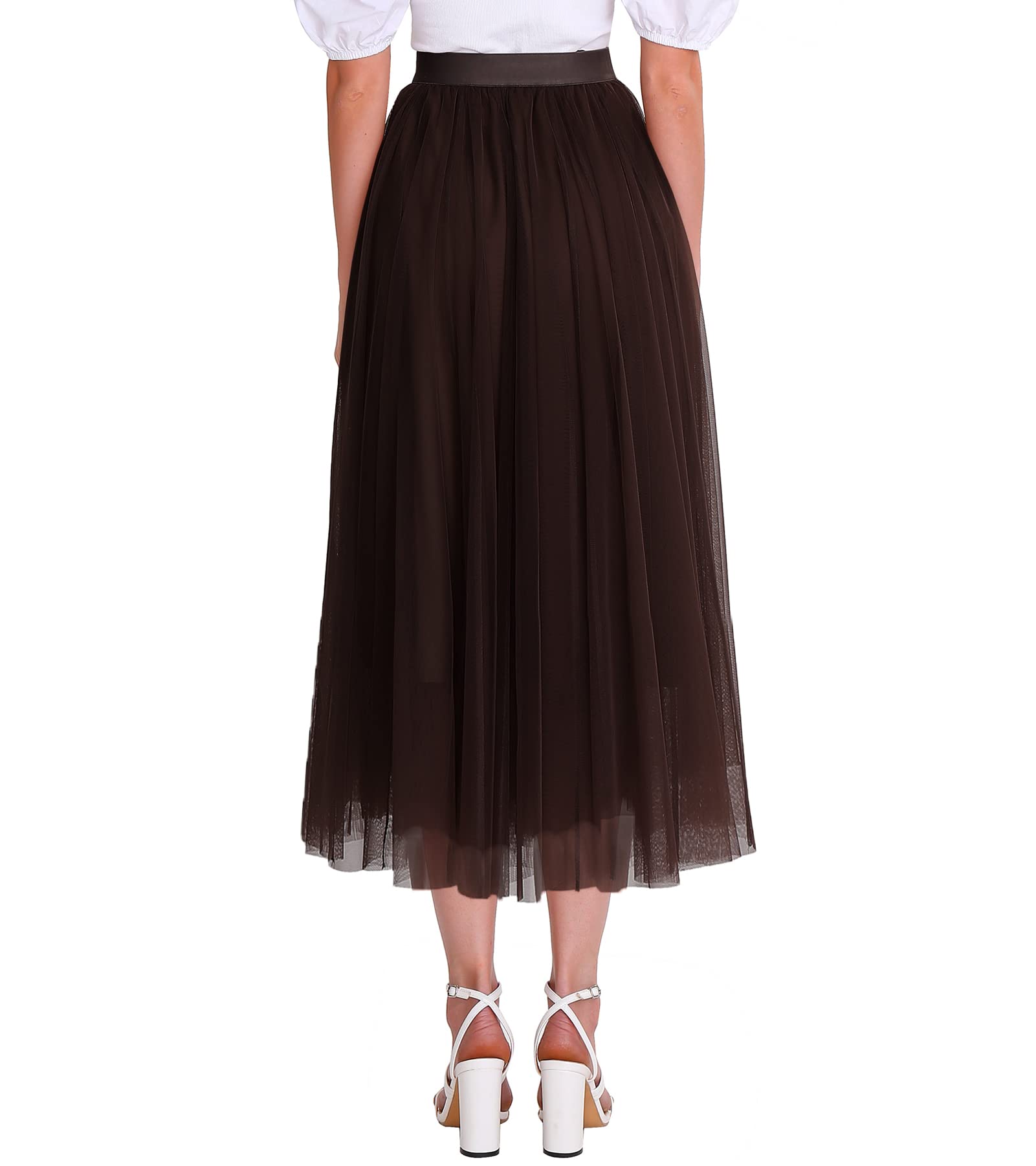Women's High Waist Tulle Midi Skirt - Elastic Waistband, Pleated Mesh A-Line Tutu Skirt for Party, Wedding, Prom, Dance & Special Occasions