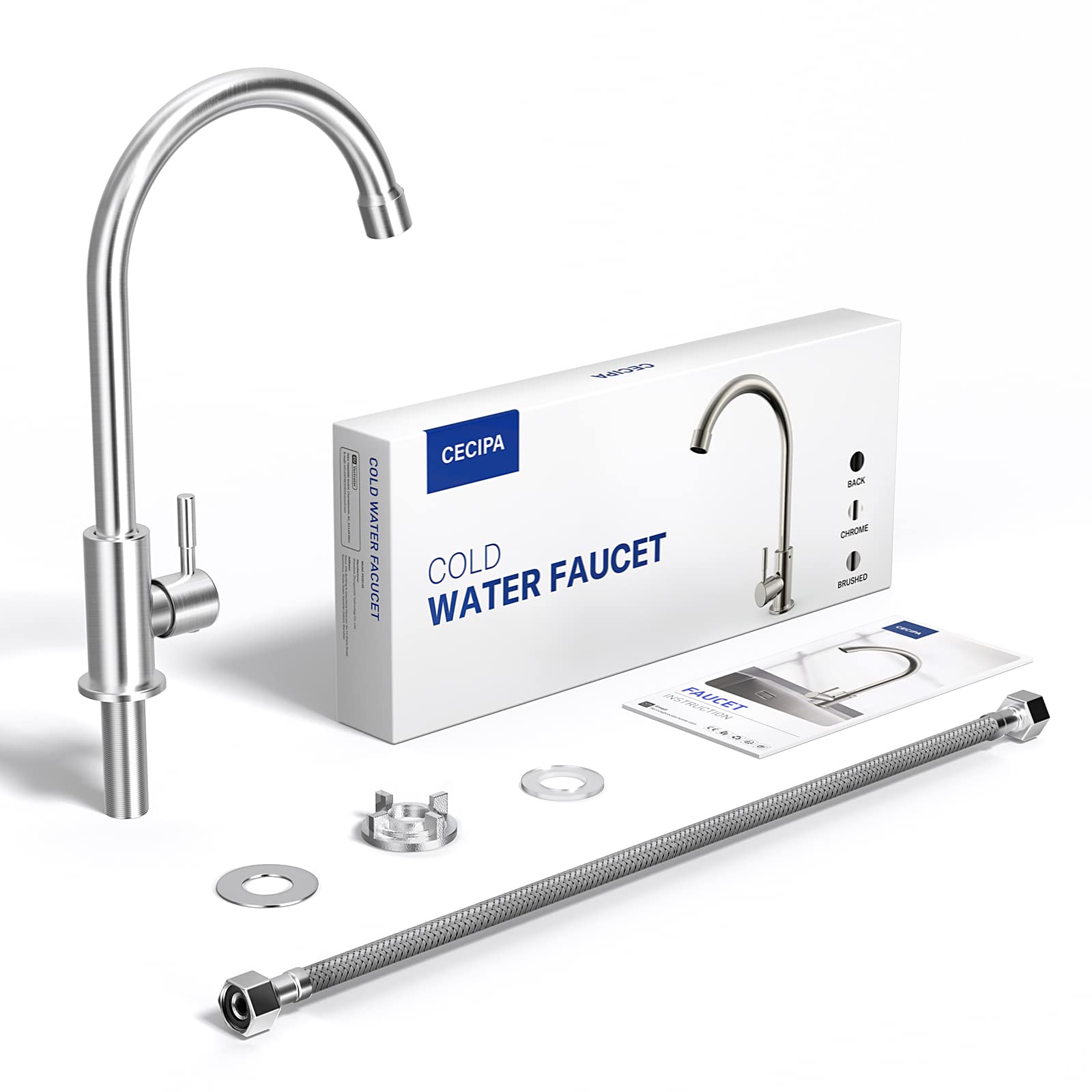 CECIPA Cold Water Only Kitchen Faucet, 304 Stainless Steel Sink Faucet with Swivel Spout, 360° Rotating Kitchen Tap for Home, Outdoor, Garage – Easy Installation (Ideal for RV, Camper, Tiny House)