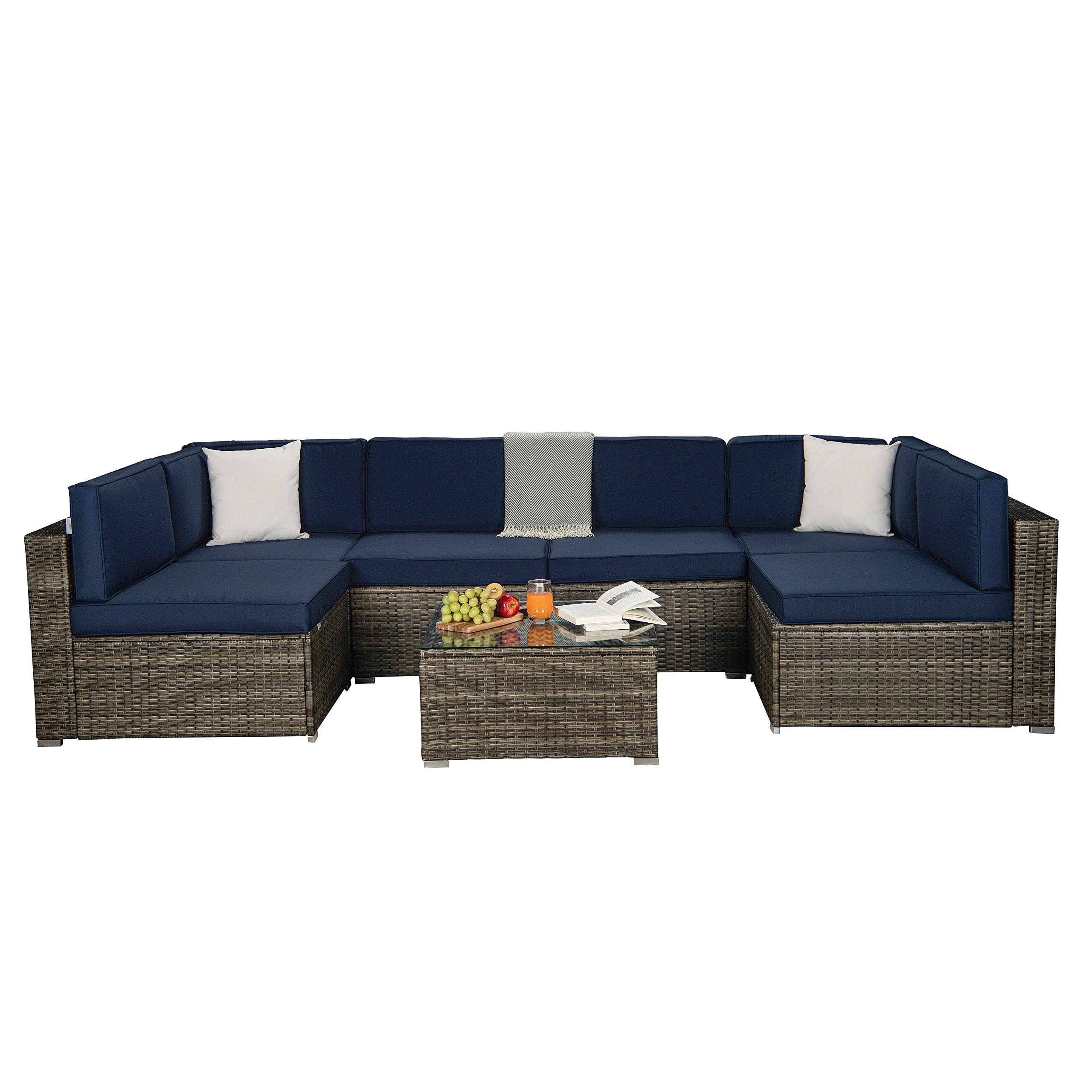 Outdoor Patio Furniture Set of 7 - Dark Grey PE Rattan Wicker Sectional Sofa with Navy Blue Cushions & 2 Throw Pillows, Modern Side Table - Weather Resistant for Garden, Backyard, Poolside & Balcony Decor