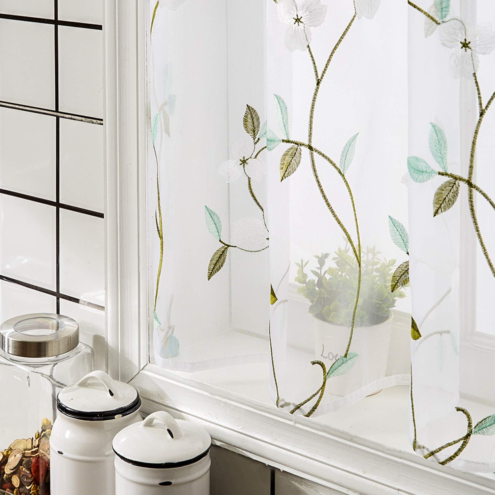 MRTREES Voile Sheer Tier Curtains - Floral Embroidered Kitchen Cafe Curtains with Rod Pocket, 30x24 Inches (2 Panels, White) - Perfect for Bathroom, Bedroom & Small Half Window Treatments