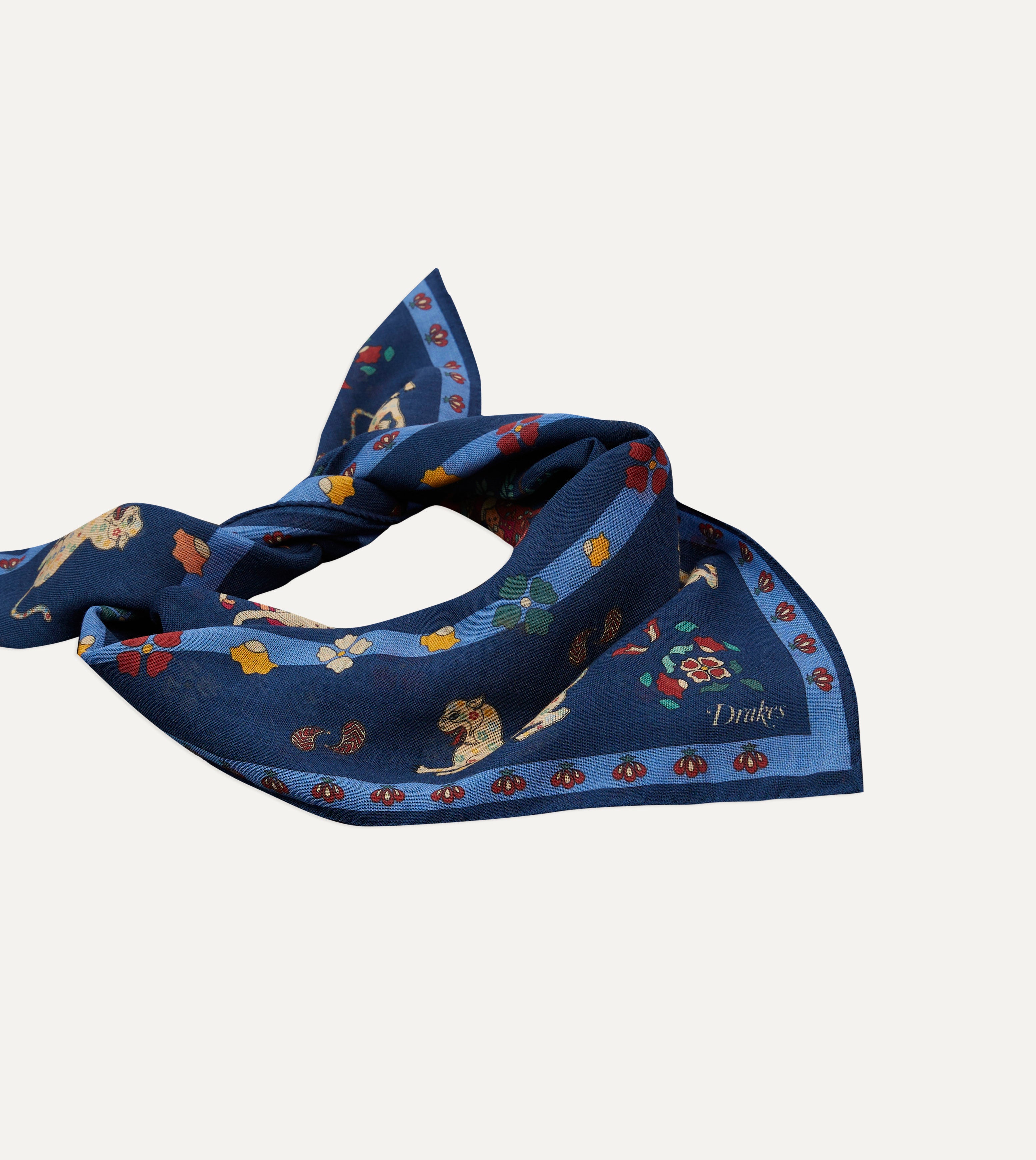 Navy Blue Mughal Leopards Print Wool Silk Bandana Scarf - Soft Luxury Wrap for Women & Men - Perfect for Fashion Accessories, Headwear, Neckwear, and Boho Chic Outfits