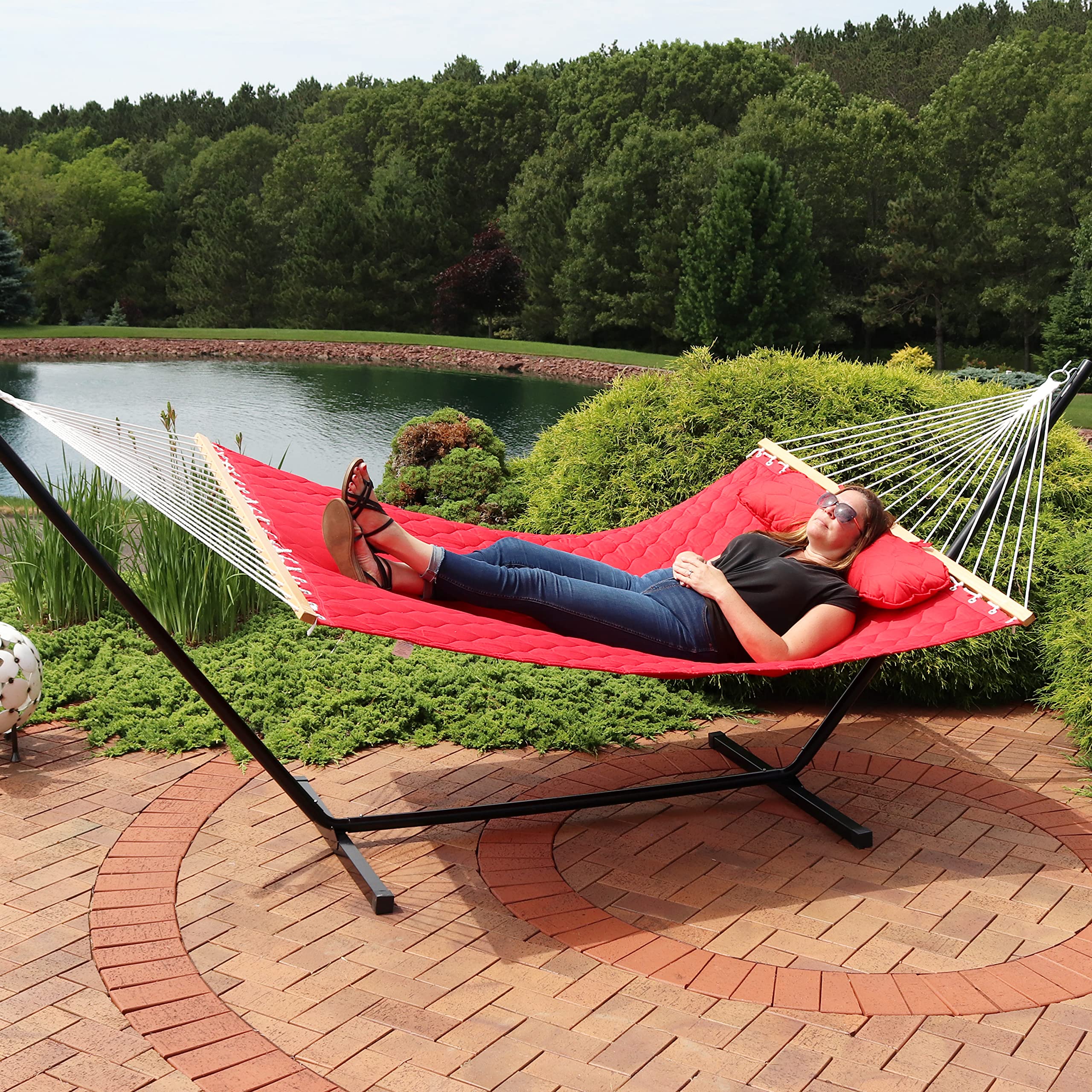 Sunnydaze Quilted Fabric Double Hammock with 12-Foot Steel Stand - 400 lb Weight Capacity - Black Frame & Red Fabric - Outdoor Patio, Backyard, Camping, Beach Relaxation