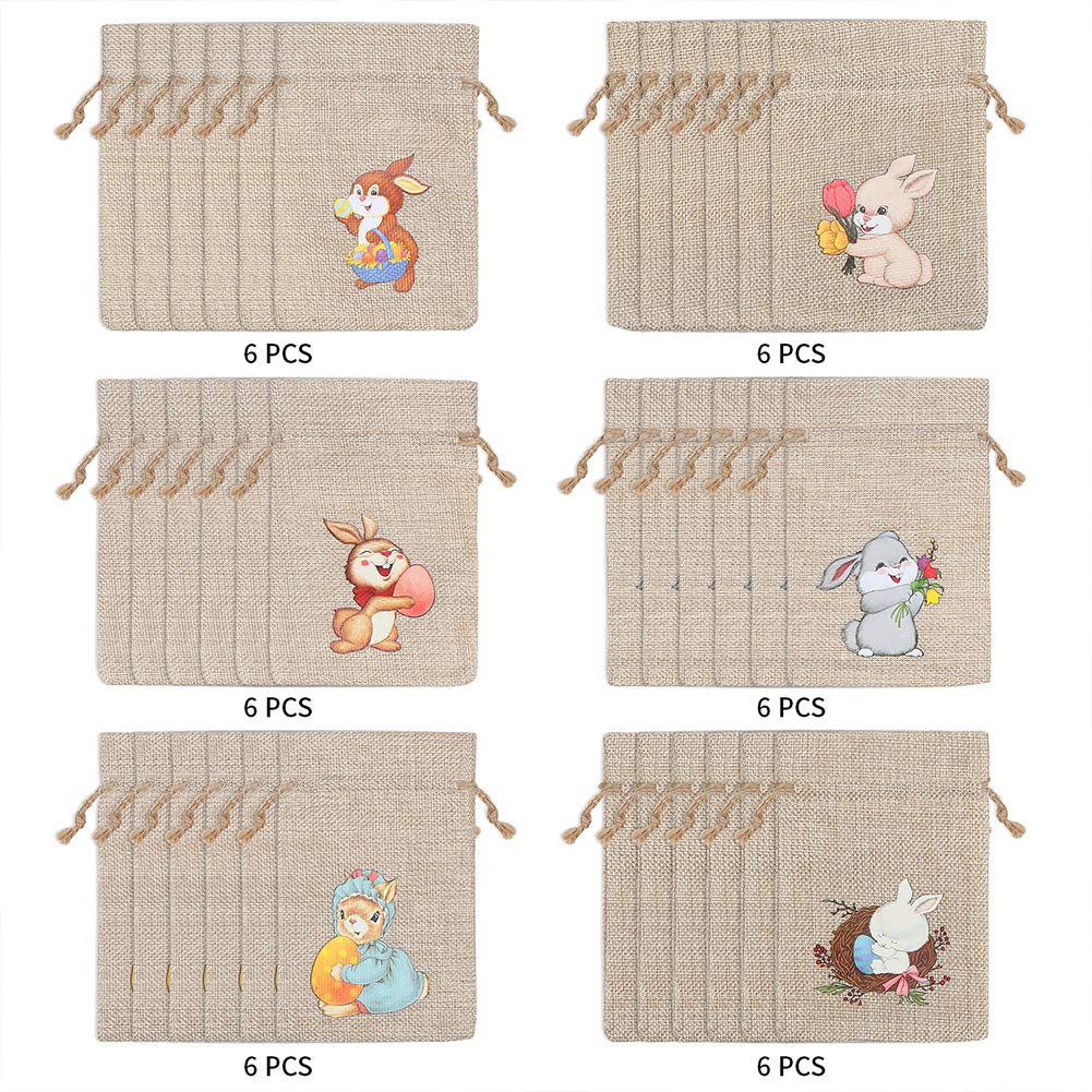 CCINEE 36PCS Easter Burlap Drawstring Bags - Bunny Jute Gift Bags for Kids Party Favors, Easter Egg Hunt Supplies & Spring Celebration Decorations