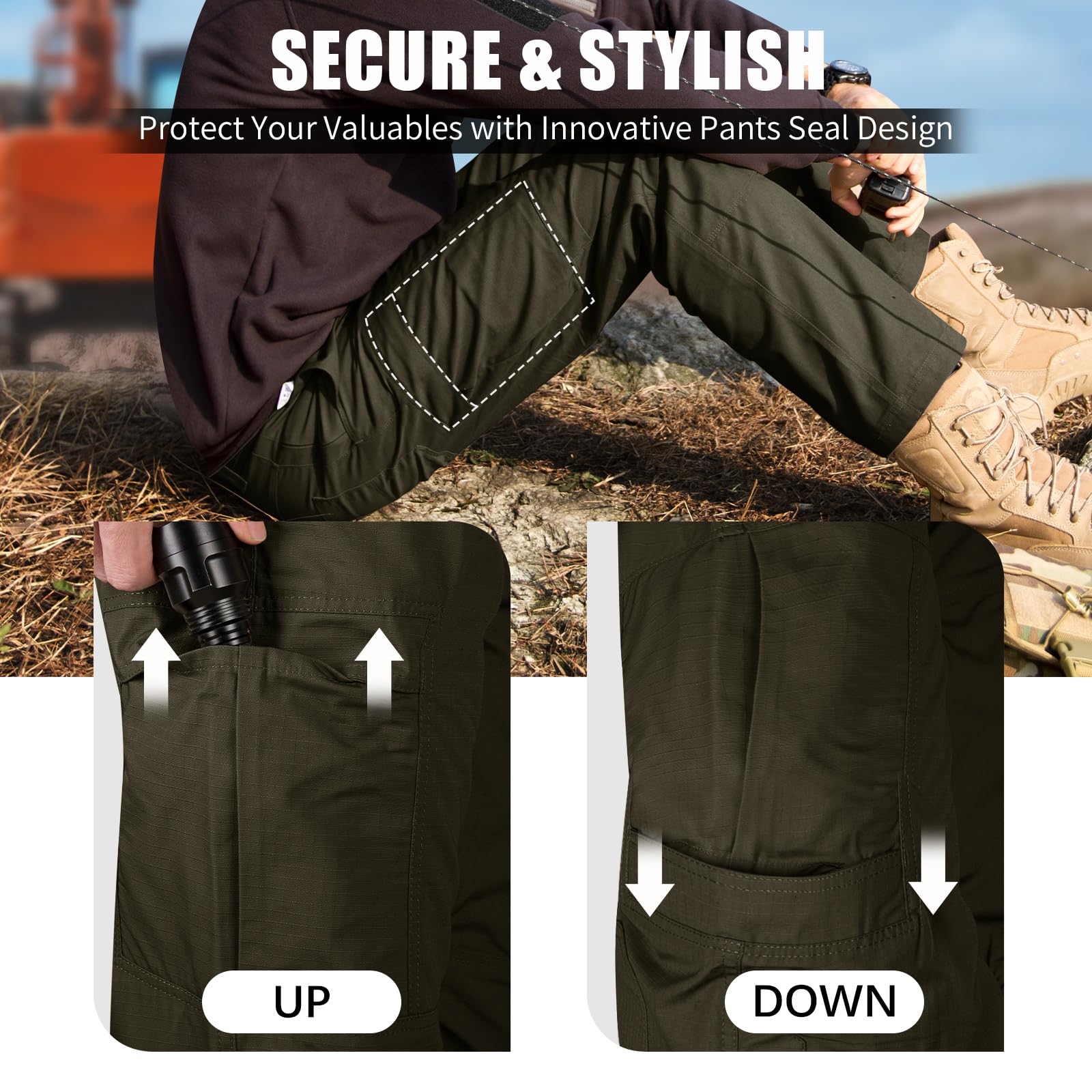 FREE SOLDIER Men's Tactical Cargo Pants - Water Resistant Ripstop Work Pants for Outdoor Hiking, Camping & Adventure | Lightweight Durable Men's Pants for Work & Outdoor Activities
