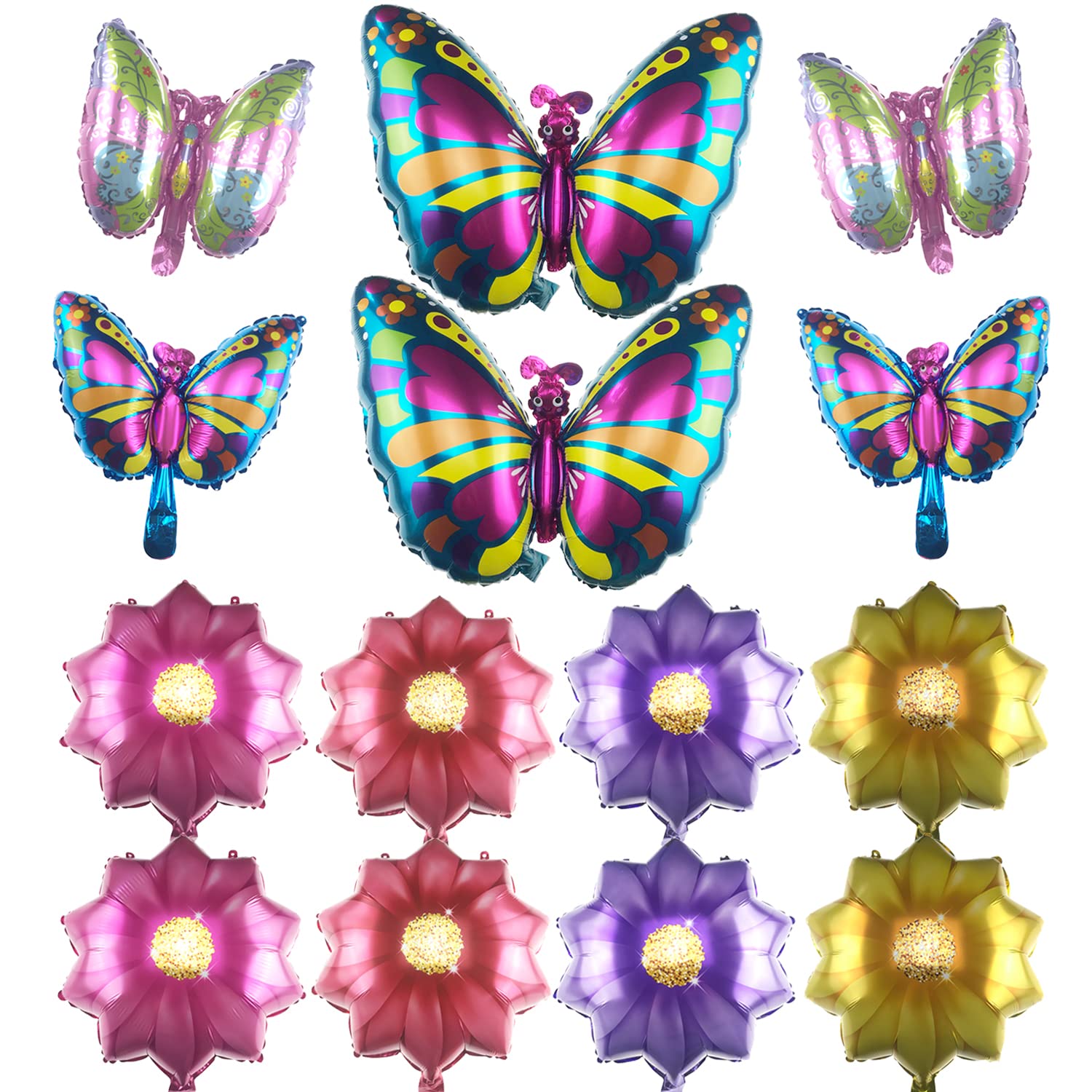 14Pcs Colorful Foil Flower Butterfly Balloons - Sunflower Shaped Mylar Balloons for Baby Shower, Wedding, Birthday Party Decorations - Perfect for Spring/Summer Floral Pastoral Theme Parties & Girls' Celebrations