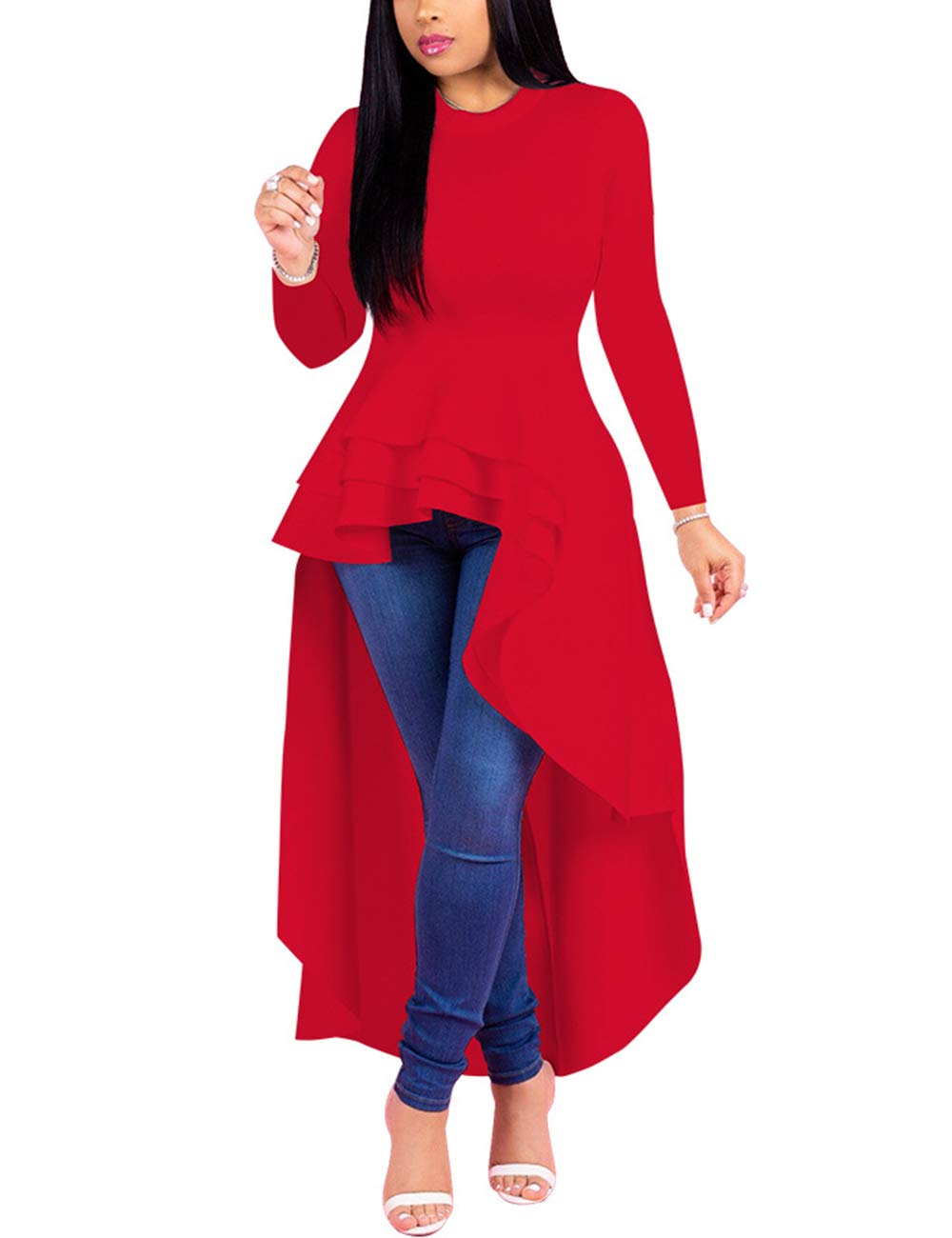 Lrady Women's Casual Shirt Dress - High Low Ruffle Blouse Asymmetrical Peplum Top Long Tunic Dress for Work, Date Night & Summer Outfits