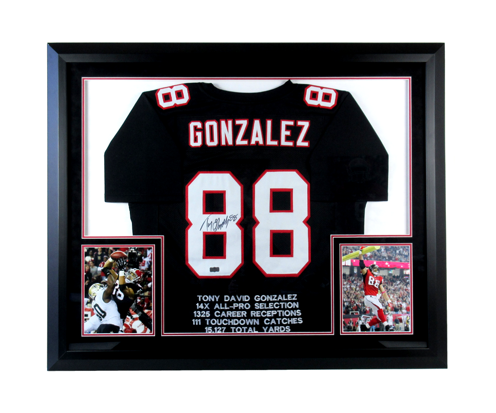 Tony Gonzalez Autographed Atlanta Falcons Framed Black Embroidered Jersey - Limited Edition Collectible for Sports Fans, Man Cave Decor, and Football Memorabilia Display