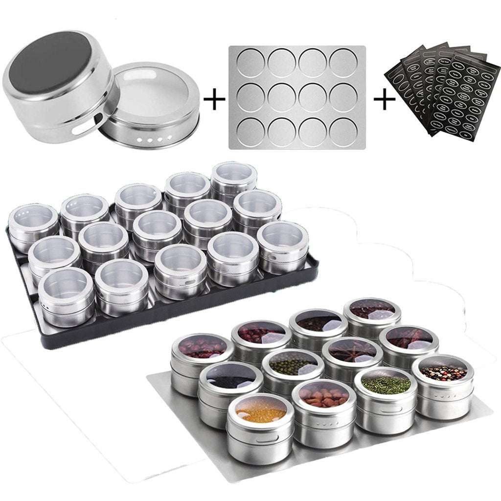 12-Piece Magnetic Spice Jars Set - Stainless Steel Wall Mounted Spice Containers with Strong Hold | Perfect for Kitchen Organization & Spice Storage