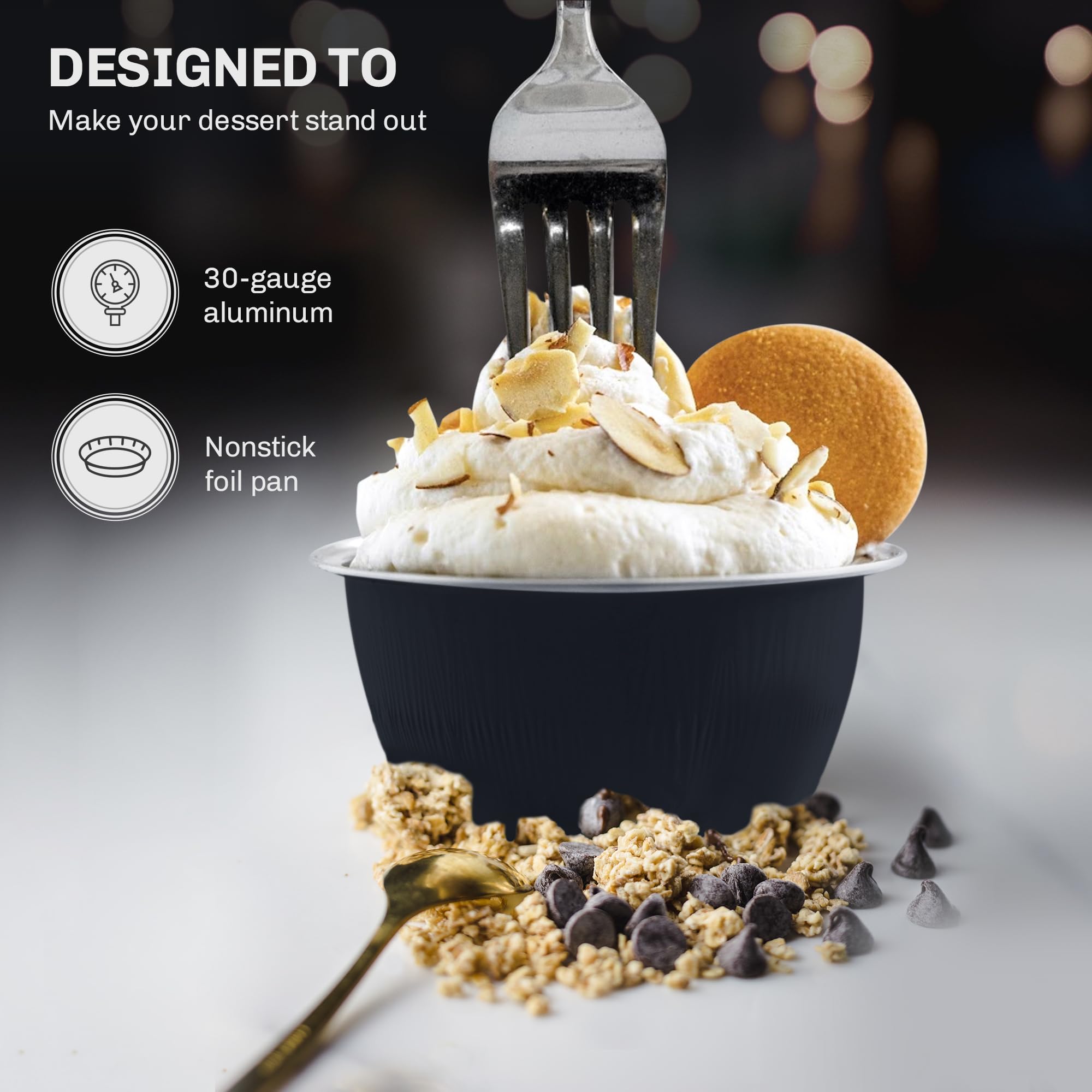KitchenDance 4oz Disposable Aluminum Baking Cups with Lids - 500 Pack Black Foil Pans for Creme Brulee, Flan, Cupcakes & Desserts - Perfect for Home Baking, Party Catering & Restaurant Use
